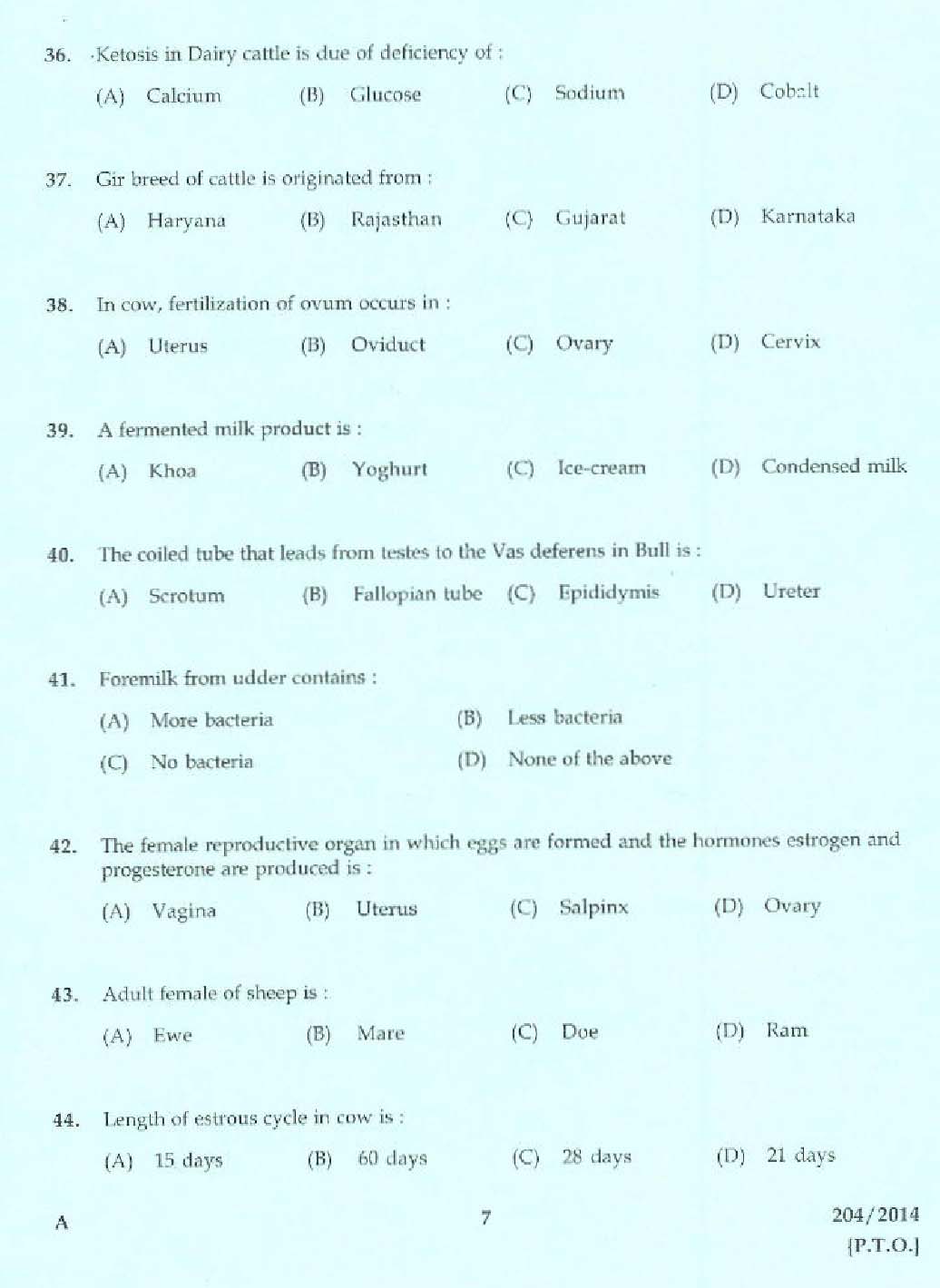 KPSC Laboratory Technical Assistant Live Stock Management Exam 2014 5