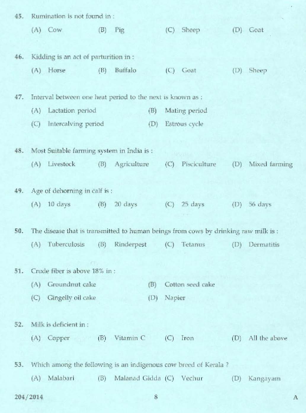 KPSC Laboratory Technical Assistant Live Stock Management Exam 2014 6