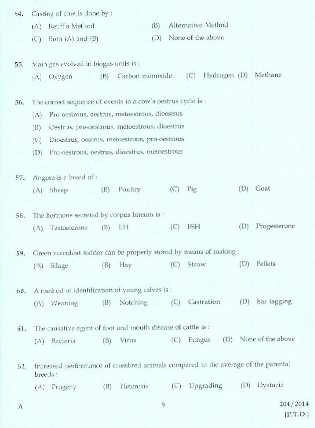 KPSC Laboratory Technical Assistant Live Stock Management Exam 2014 7