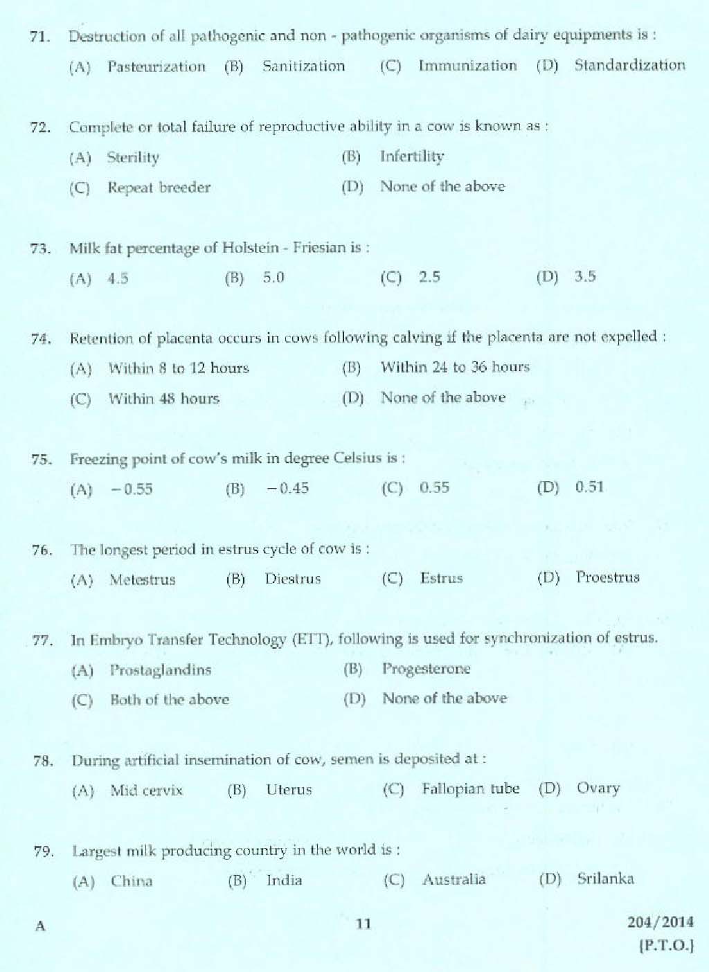 KPSC Laboratory Technical Assistant Live Stock Management Exam 2014 9