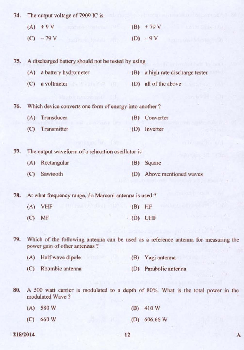 KPSC Laboratory Technical Assistant MRTV Exam 2014 Code 2182014 12