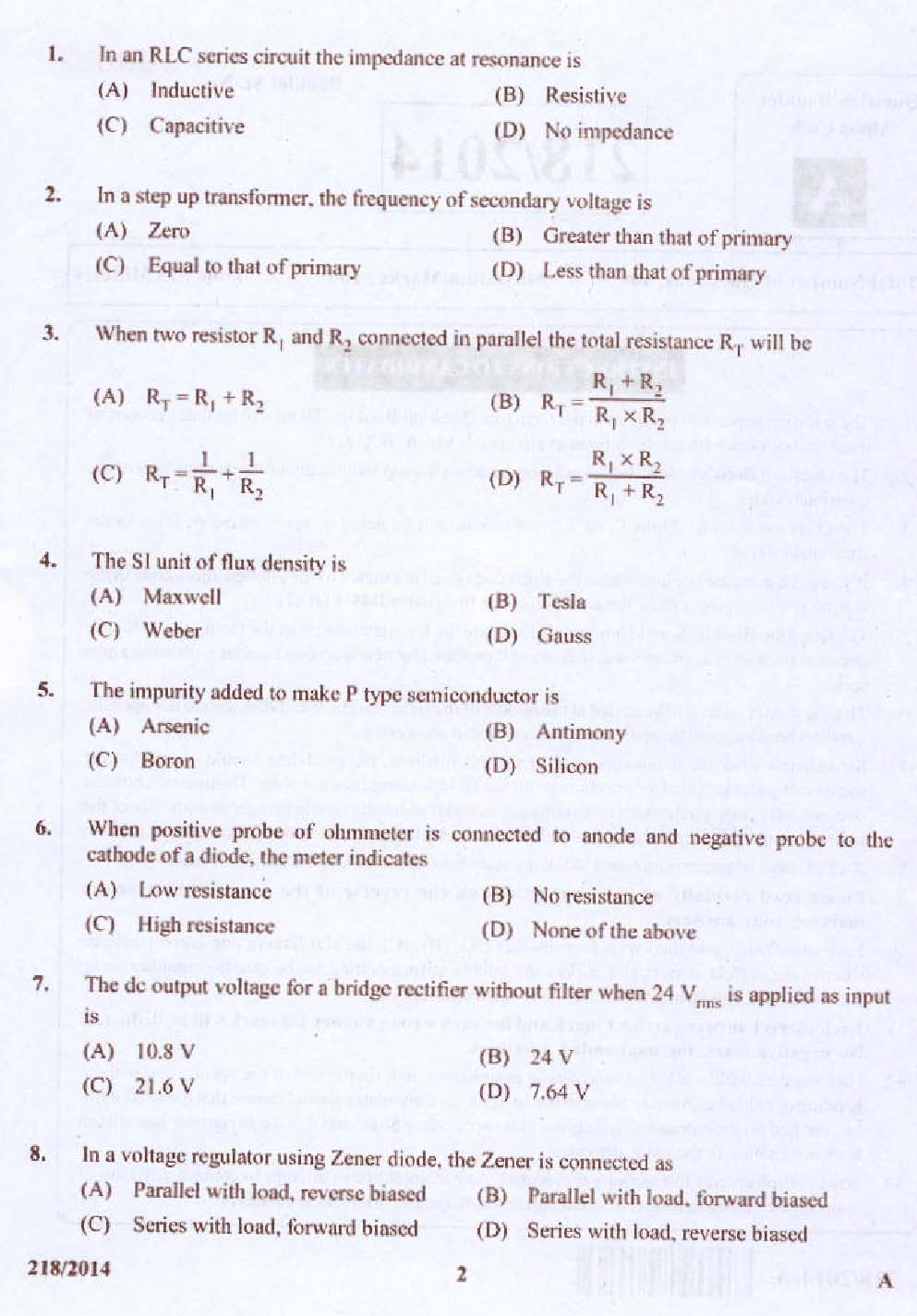 KPSC Laboratory Technical Assistant MRTV Exam 2014 Code 2182014 2