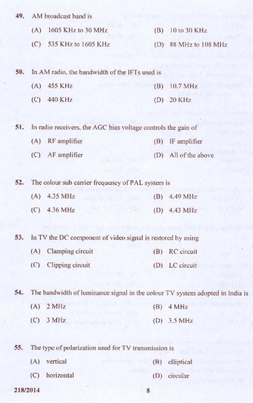 KPSC Laboratory Technical Assistant MRTV Exam 2014 Code 2182014 8