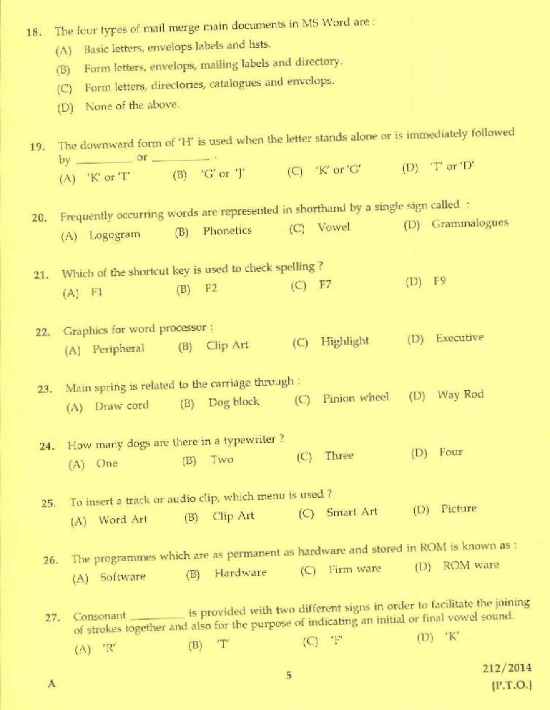 KPSC Laboratory Technical Assistant Office Secretaryship Exam 2014 3