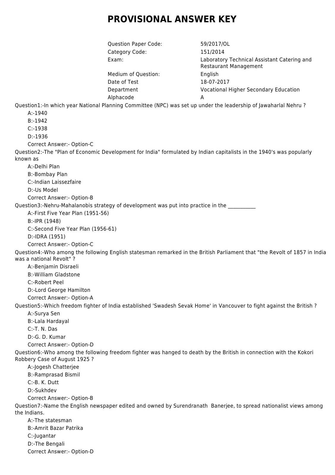 Laboratory Technical Assistant Catering and Restaurant Management Exam 2017 1