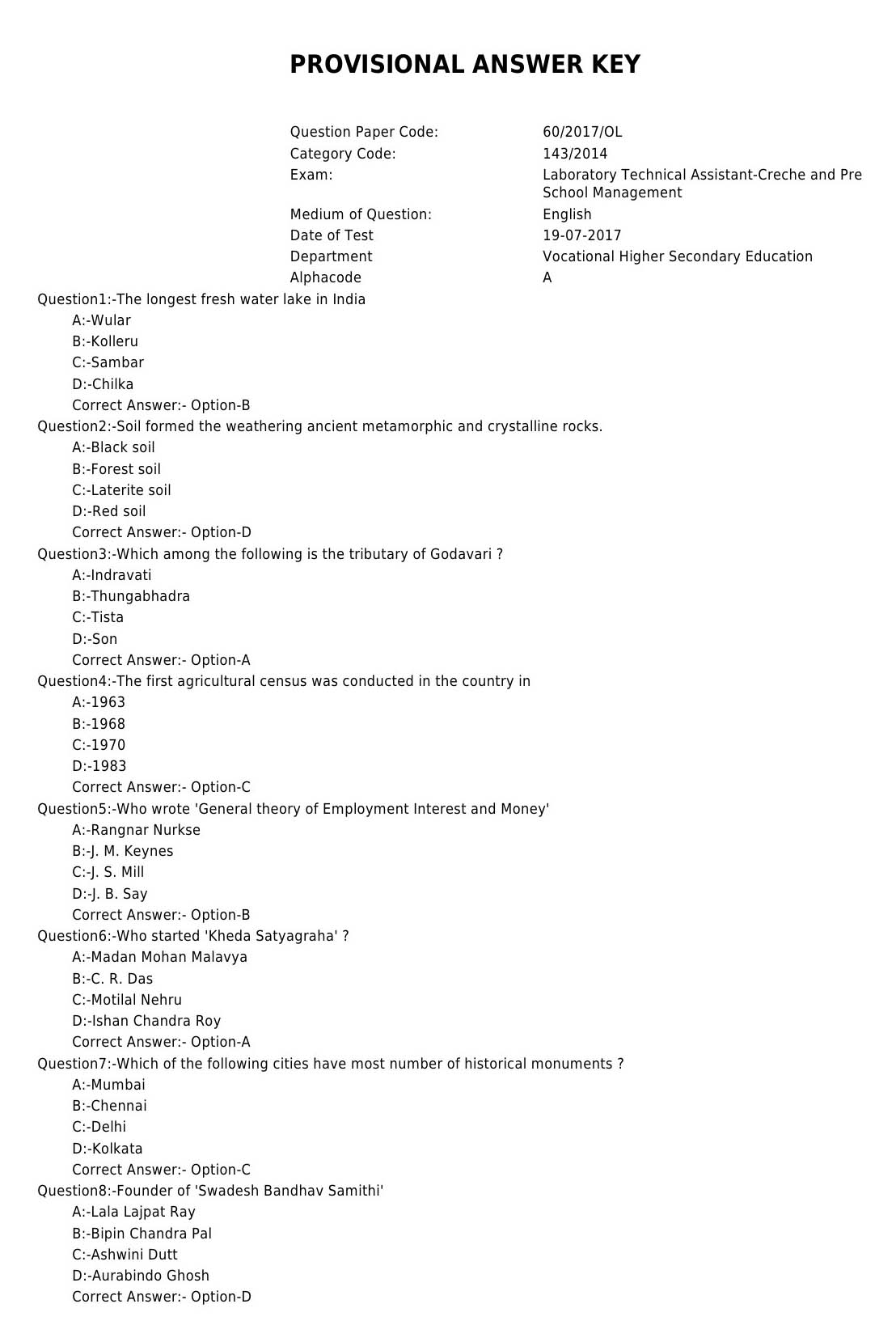 Laboratory Technical Assistant Creche and Pre School Management Exam 2017 1