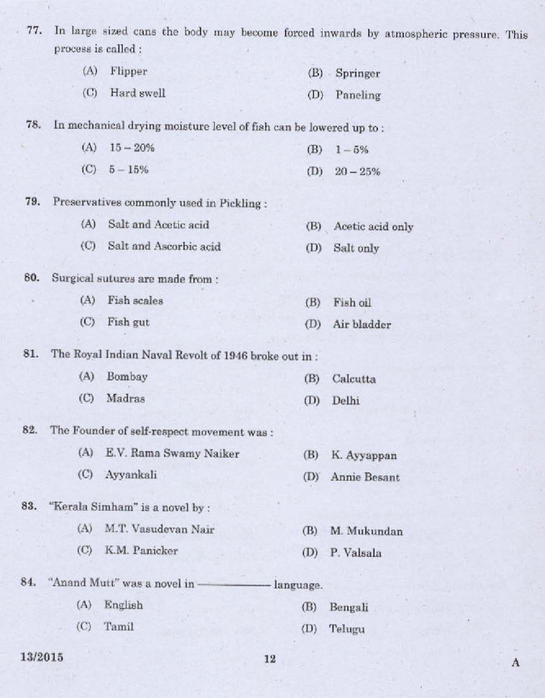 Laboratory Technical Assistant Fisheries Fish Processing Technology Exam 2015 10