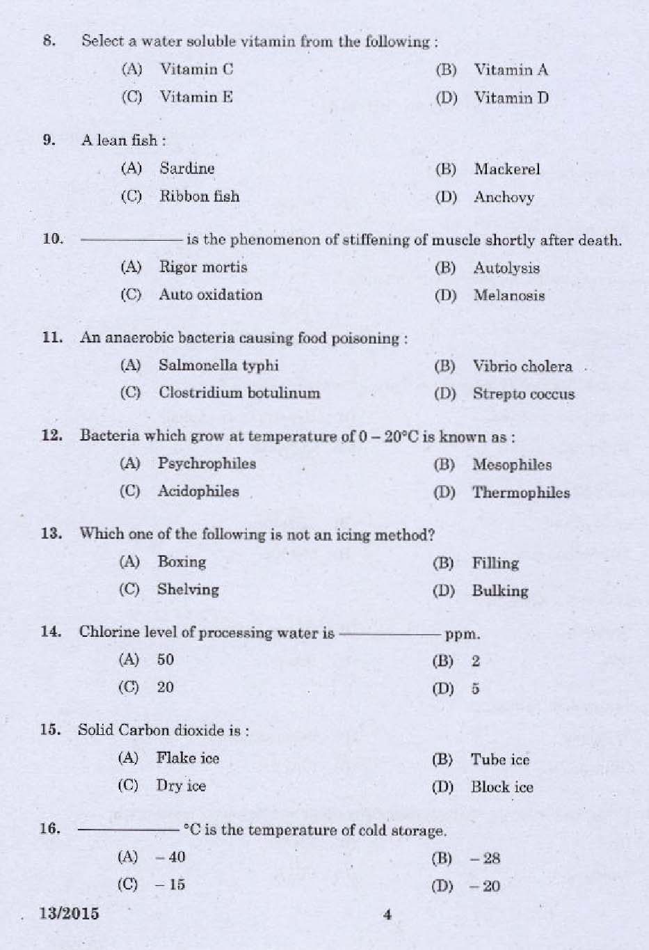 Laboratory Technical Assistant Fisheries Fish Processing Technology Exam 2015 2