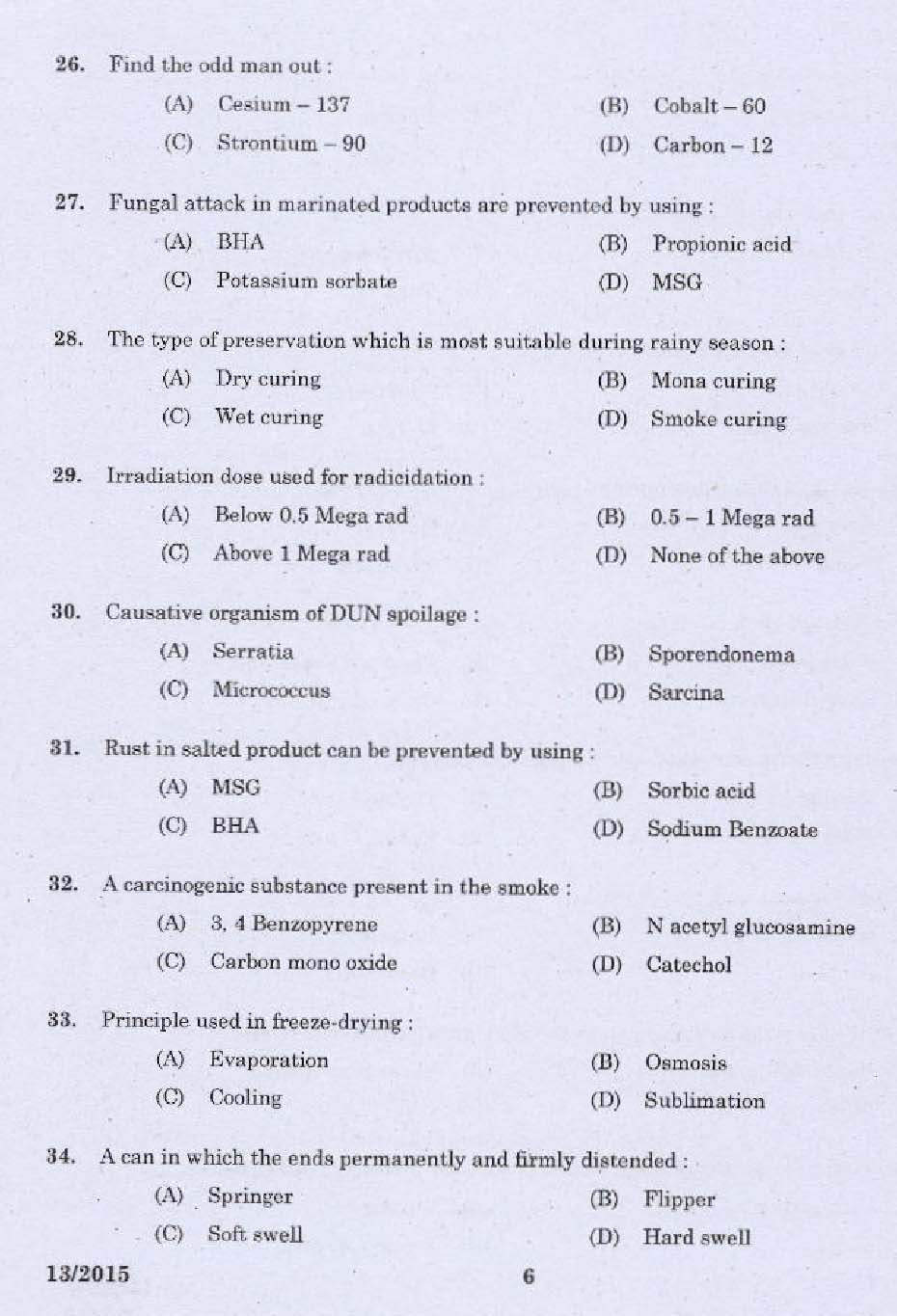 Laboratory Technical Assistant Fisheries Fish Processing Technology Exam 2015 4