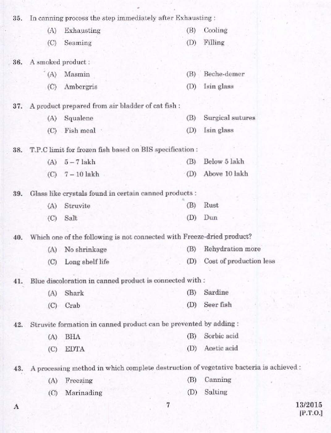 Laboratory Technical Assistant Fisheries Fish Processing Technology Exam 2015 5