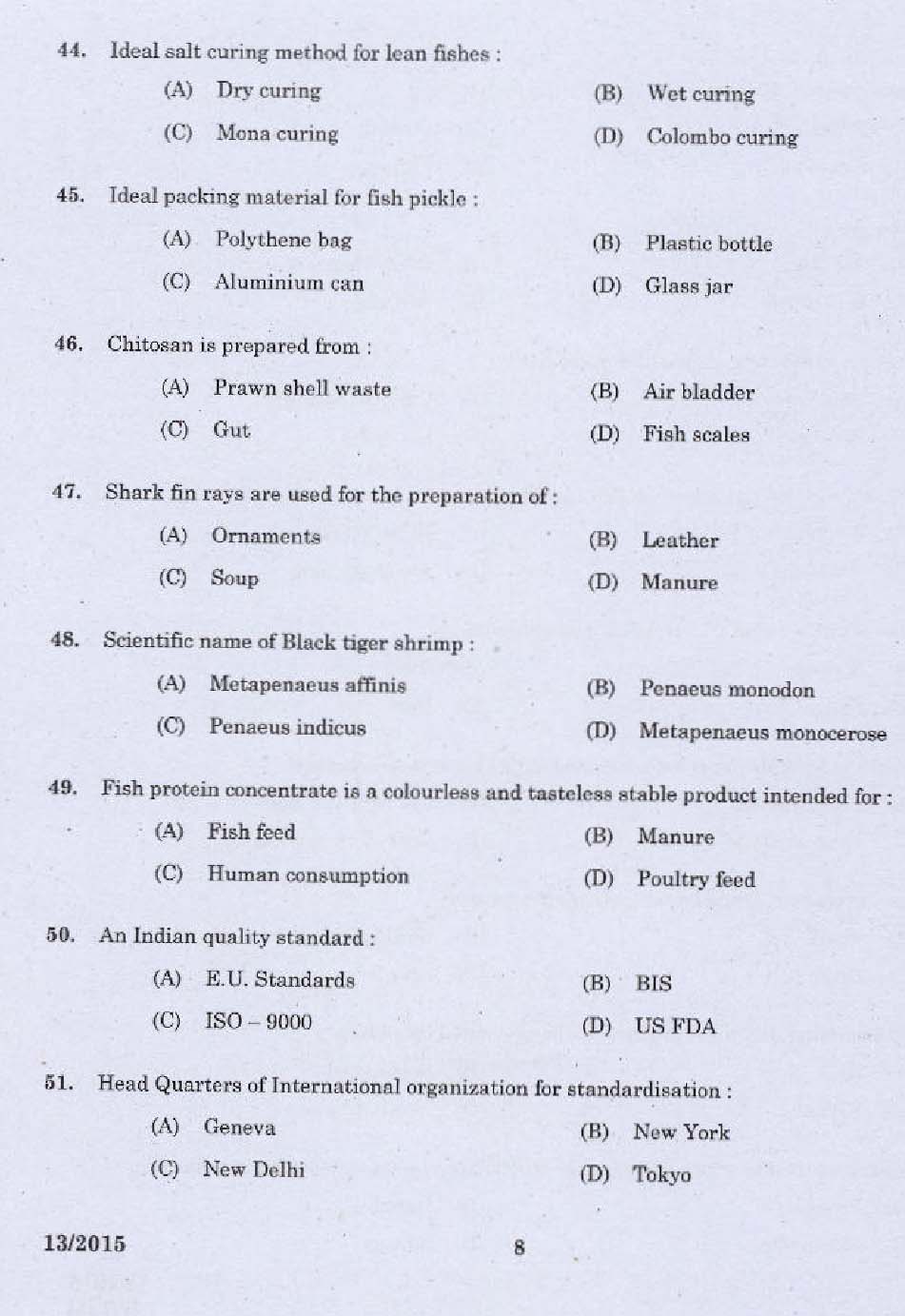 Laboratory Technical Assistant Fisheries Fish Processing Technology Exam 2015 6