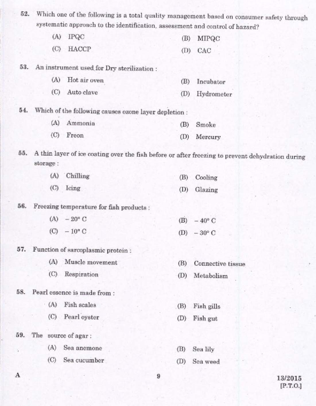 Laboratory Technical Assistant Fisheries Fish Processing Technology Exam 2015 7