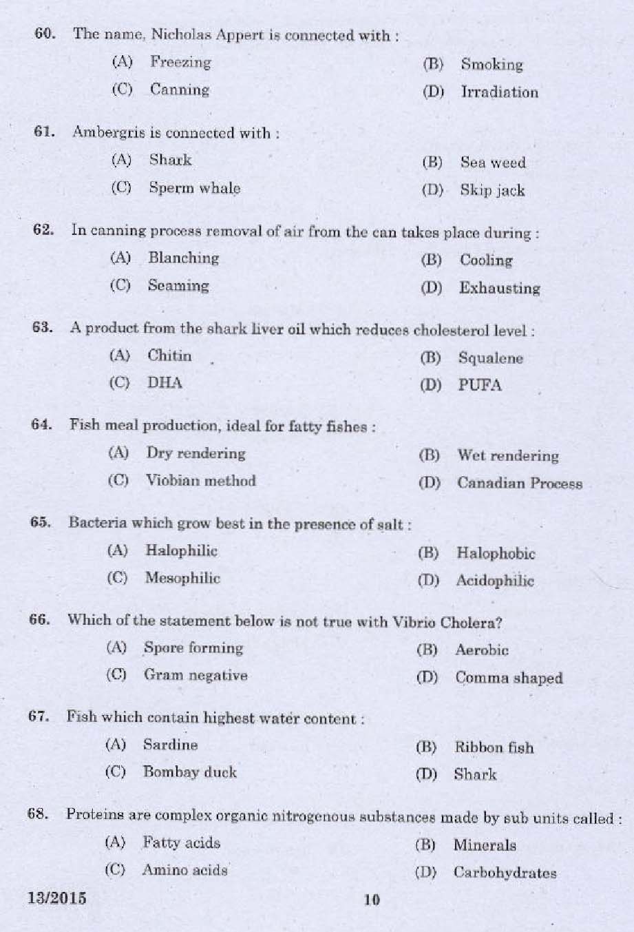 Laboratory Technical Assistant Fisheries Fish Processing Technology Exam 2015 8