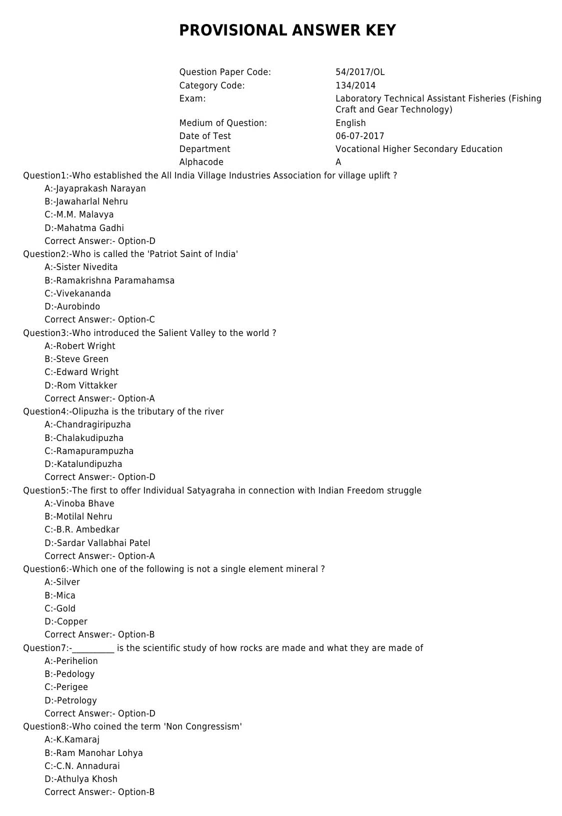 Laboratory Technical Assistant Fisheries Fishing Craft and Gear Technology Exam 2017 1