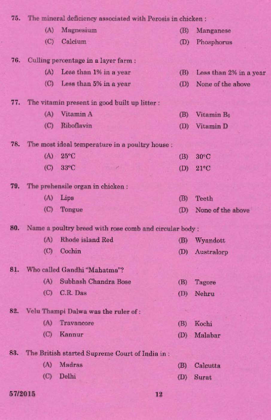 Laboratory Technical Assistant Livestock Management Poultry Husbandry Exam 2015 10