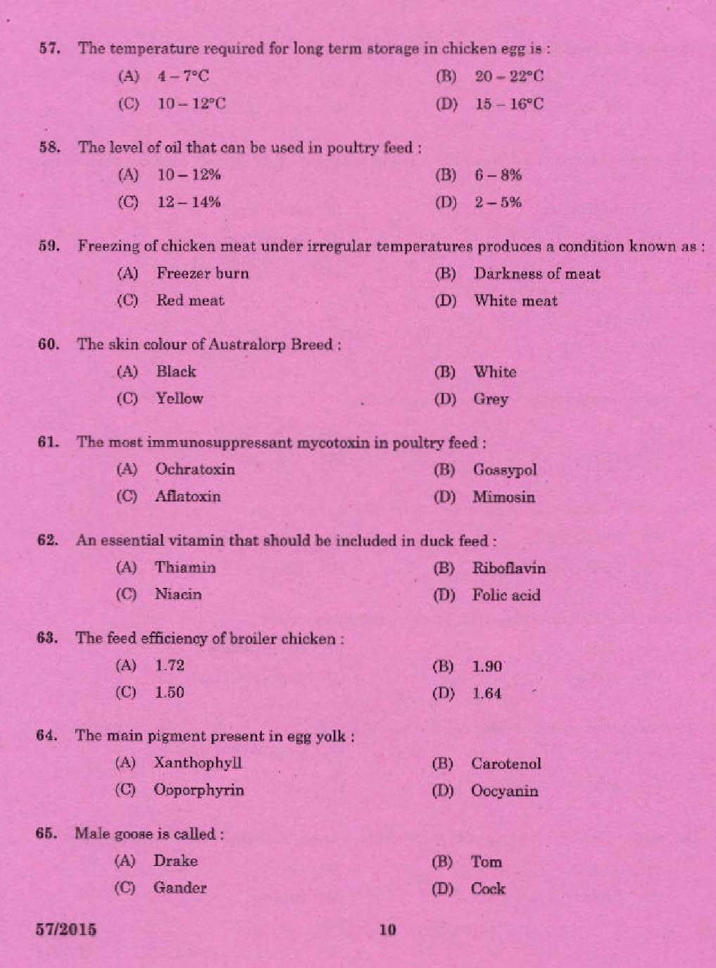 Laboratory Technical Assistant Livestock Management Poultry Husbandry Exam 2015 8