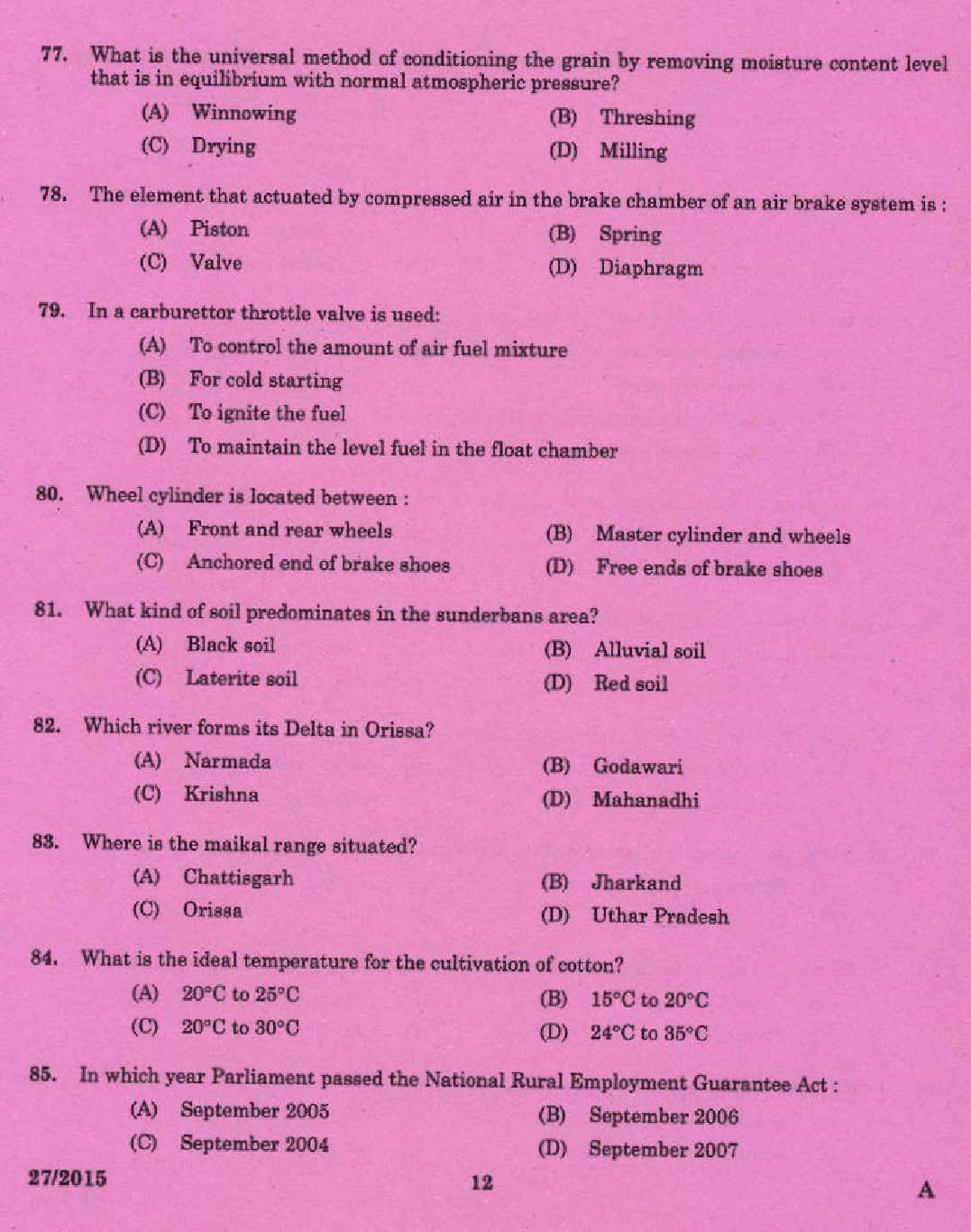 Laboratory Technical Assistant Mechanical Servicing Agro Machinery Exam 2015 10