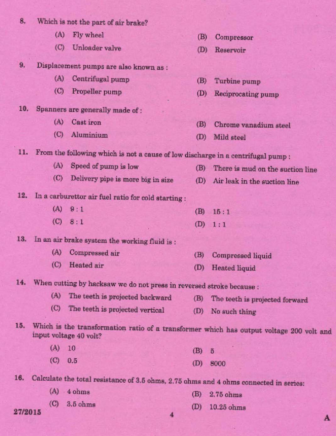 Laboratory Technical Assistant Mechanical Servicing Agro Machinery Exam 2015 2