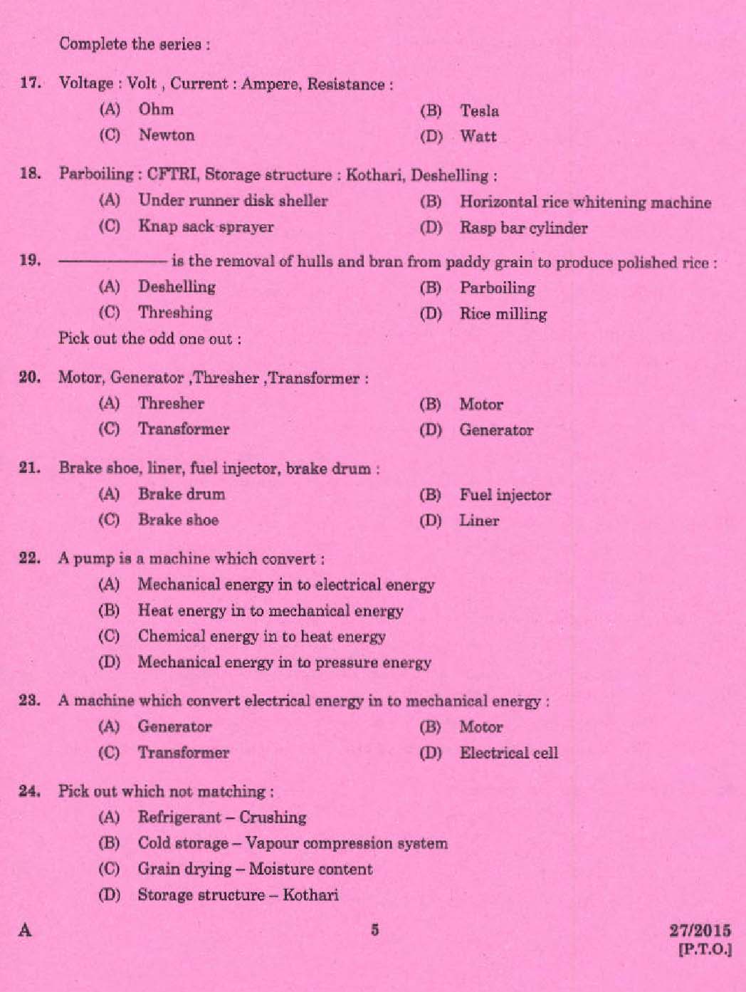 Laboratory Technical Assistant Mechanical Servicing Agro Machinery Exam 2015 3