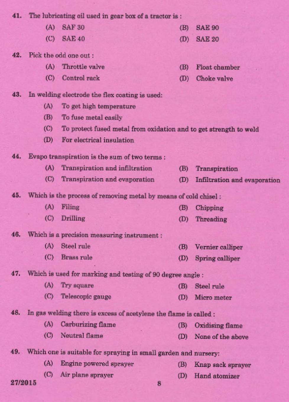 Laboratory Technical Assistant Mechanical Servicing Agro Machinery Exam 2015 6