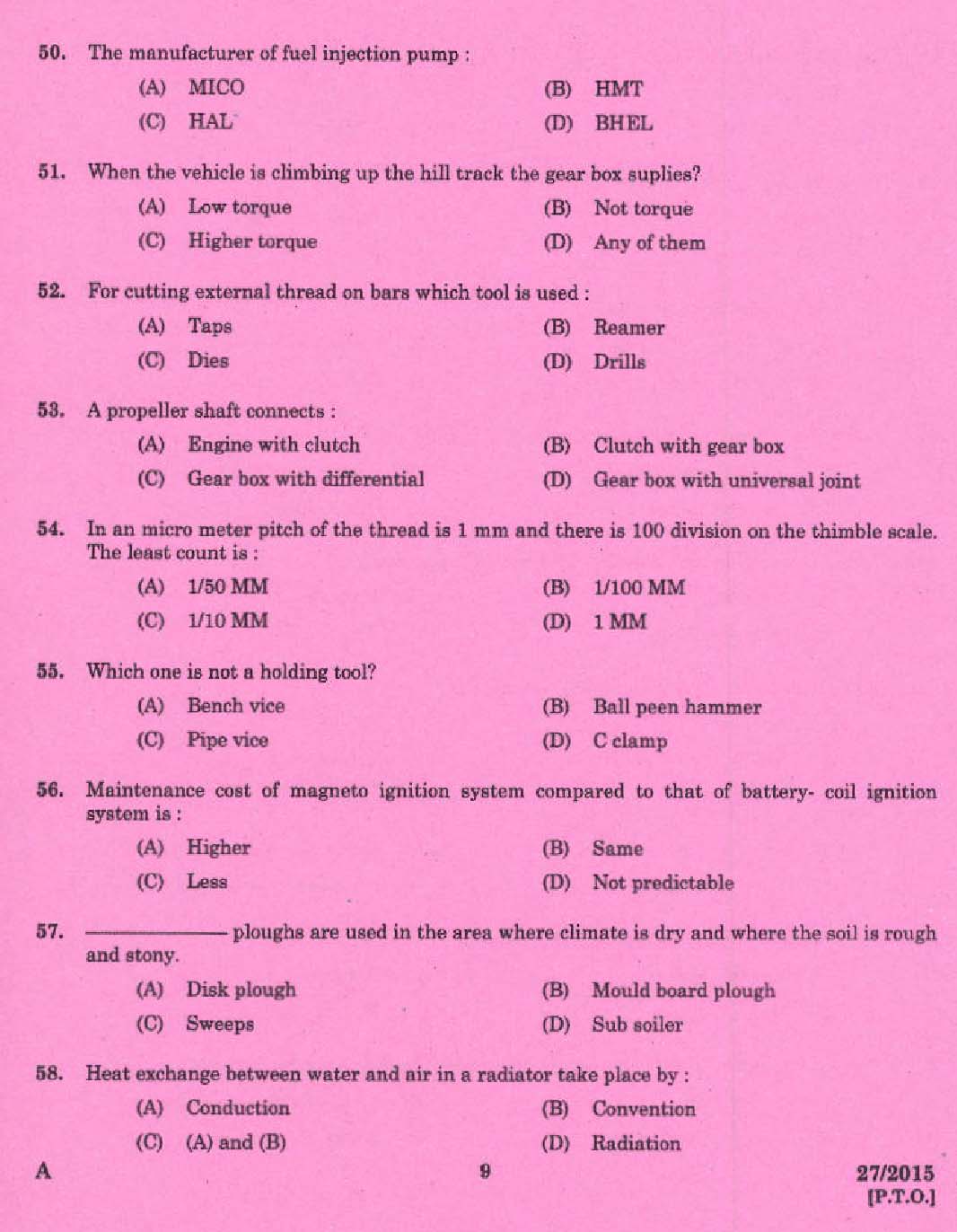 Laboratory Technical Assistant Mechanical Servicing Agro Machinery Exam 2015 7