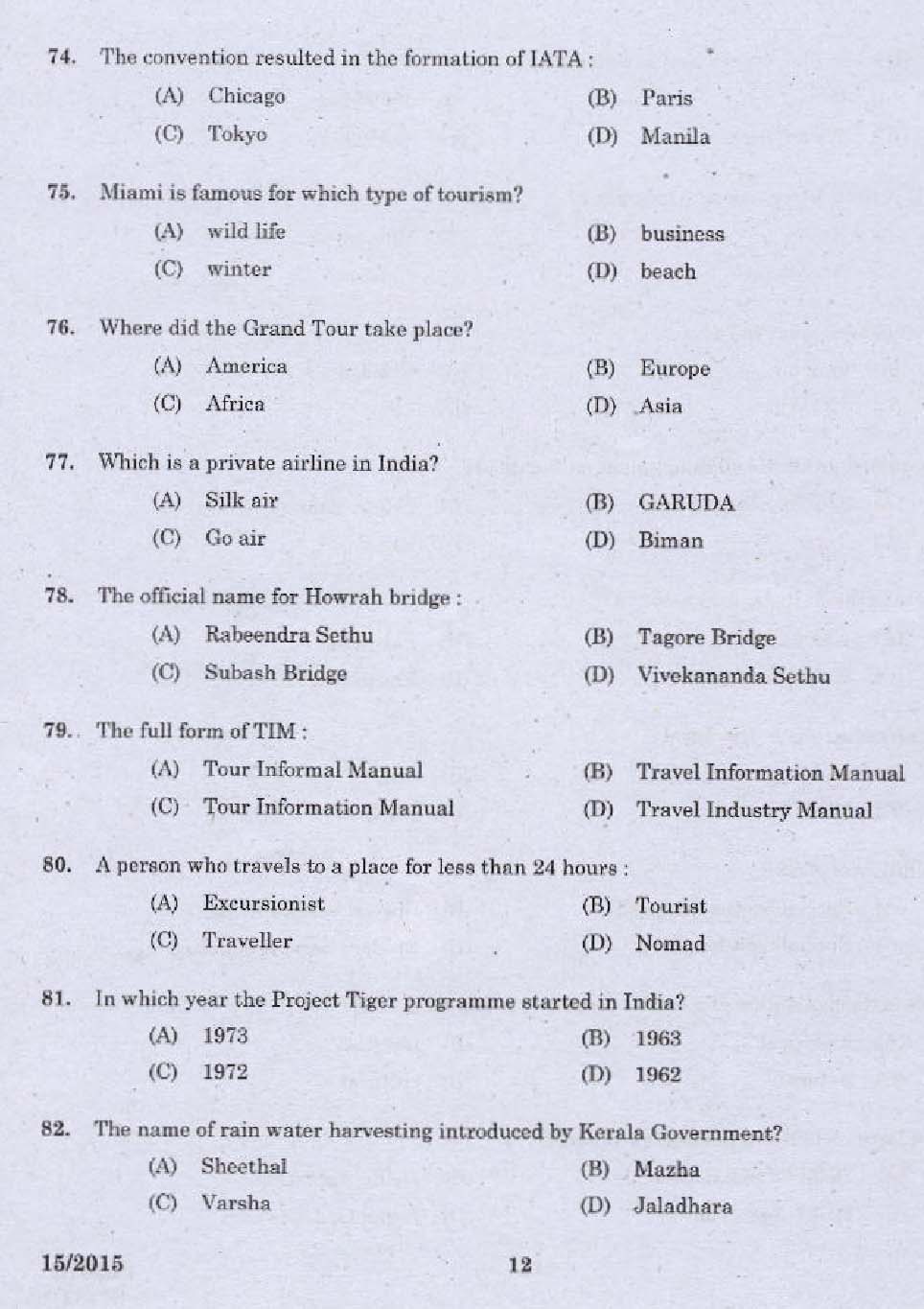 Laboratory Technical Assistant Travel and Tourism Exam 2015 10