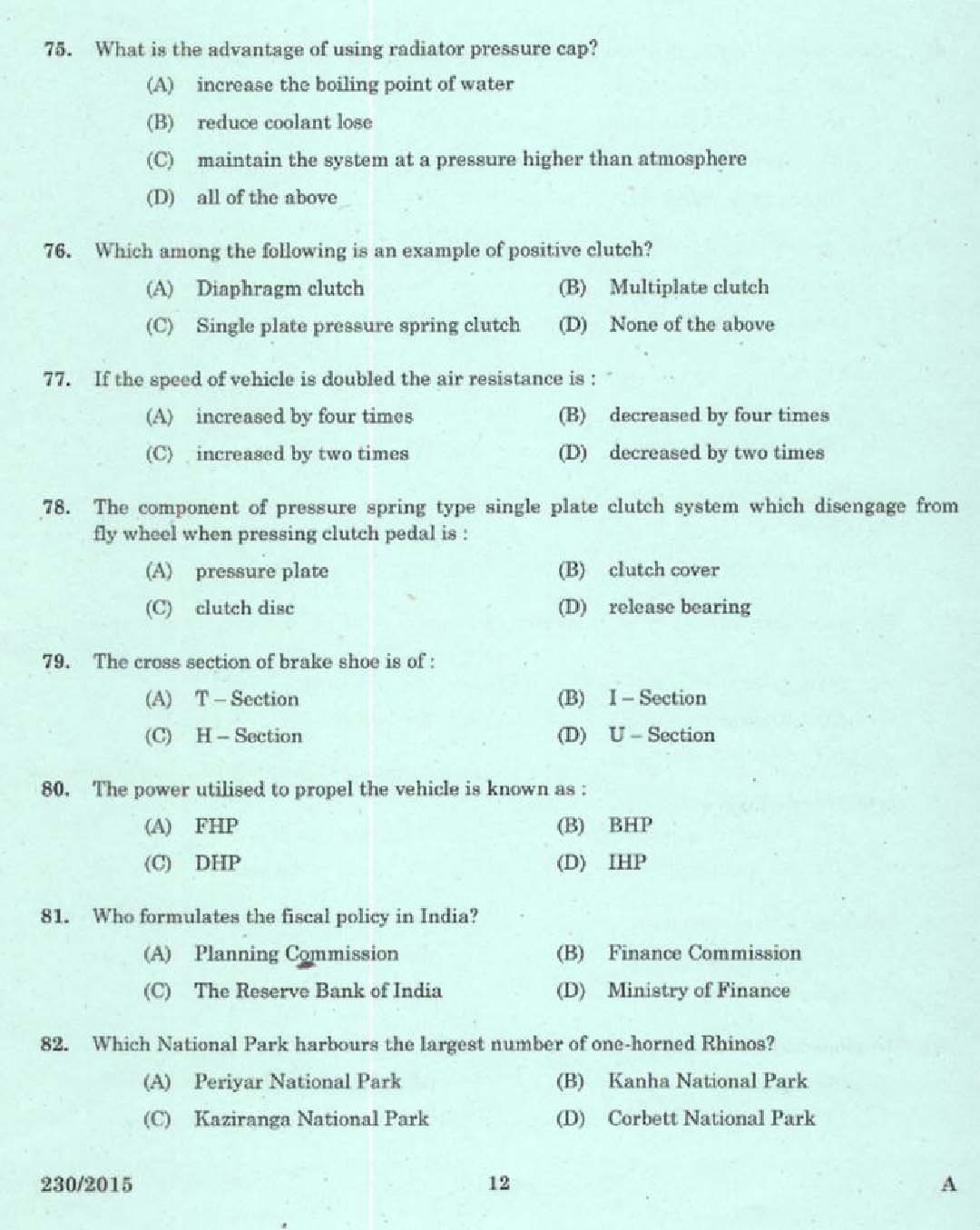 Maintenance and Repairs of Two wheelers and Three wheelers Exam 2015 10