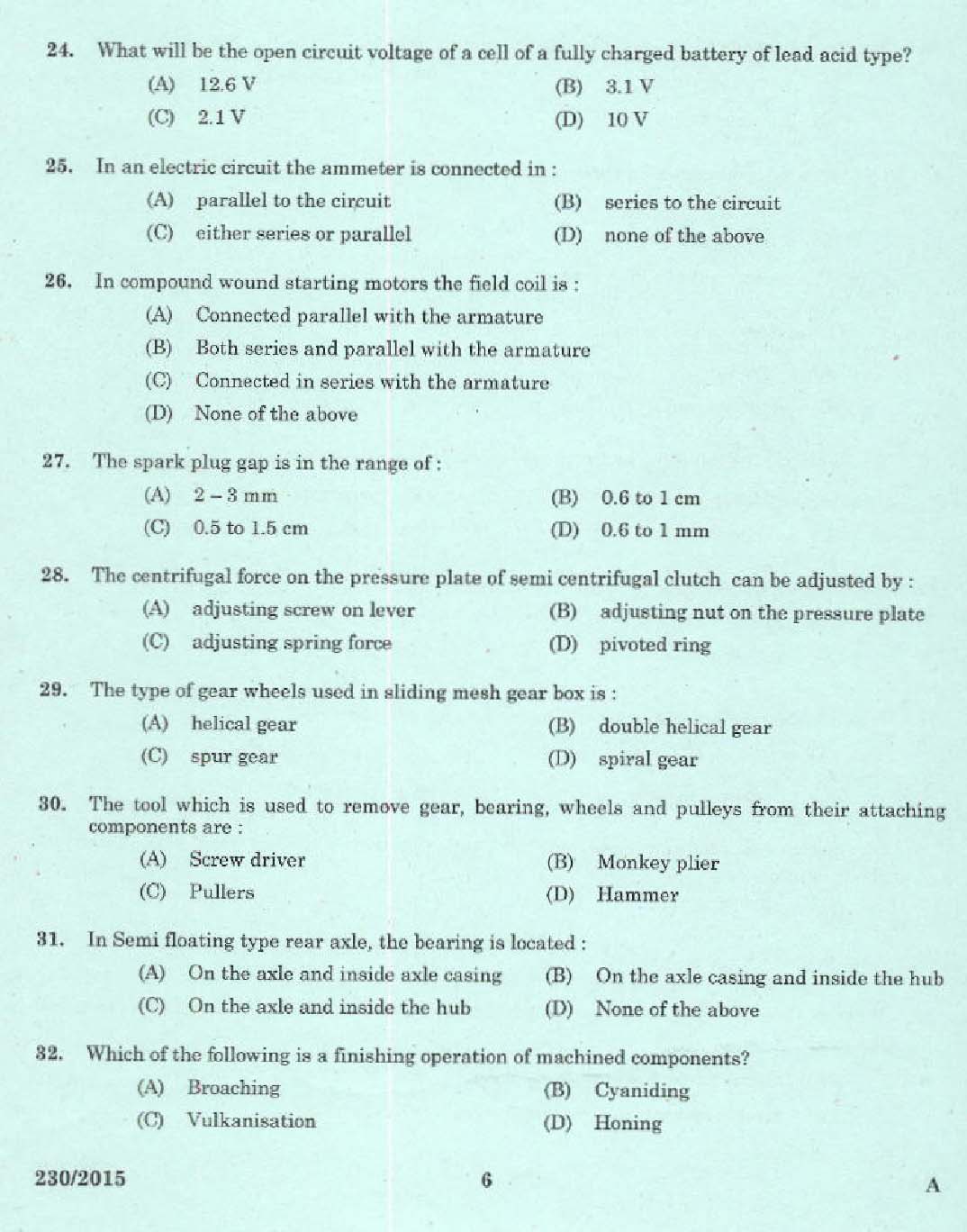 Maintenance and Repairs of Two wheelers and Three wheelers Exam 2015 4