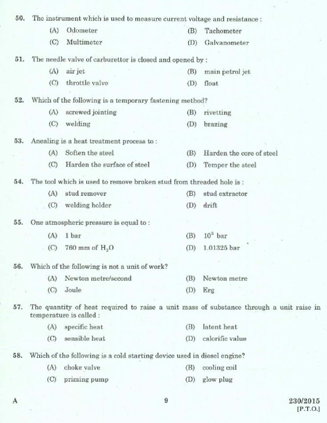 Maintenance and Repairs of Two wheelers and Three wheelers Exam 2015 7