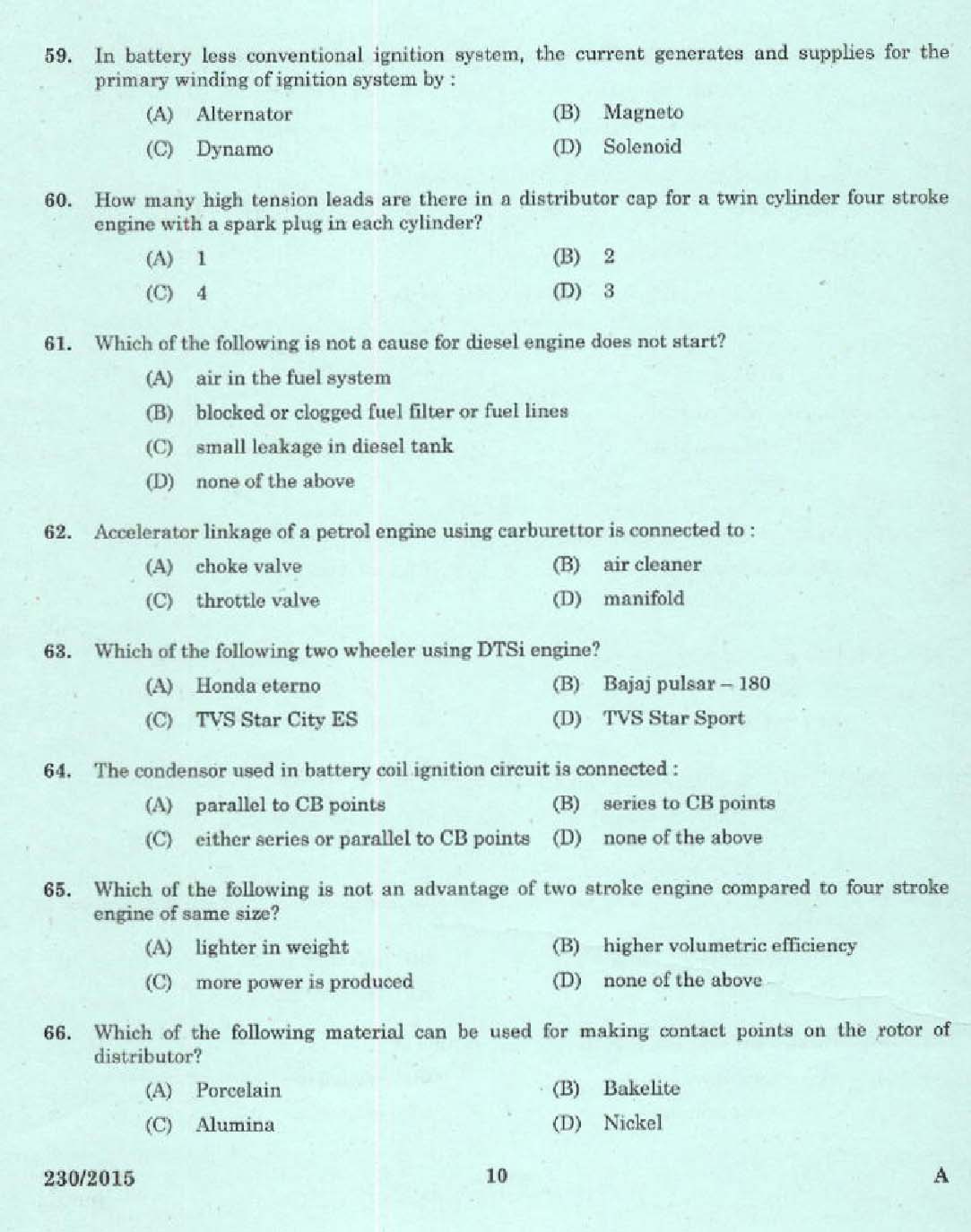 Maintenance and Repairs of Two wheelers and Three wheelers Exam 2015 8