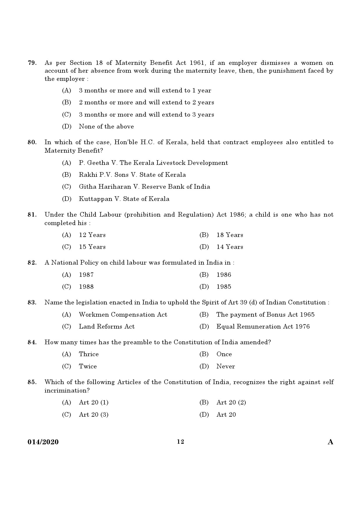 KPSC Assistant Labour Officer Grade II Exam 2020 Code 0142020 10