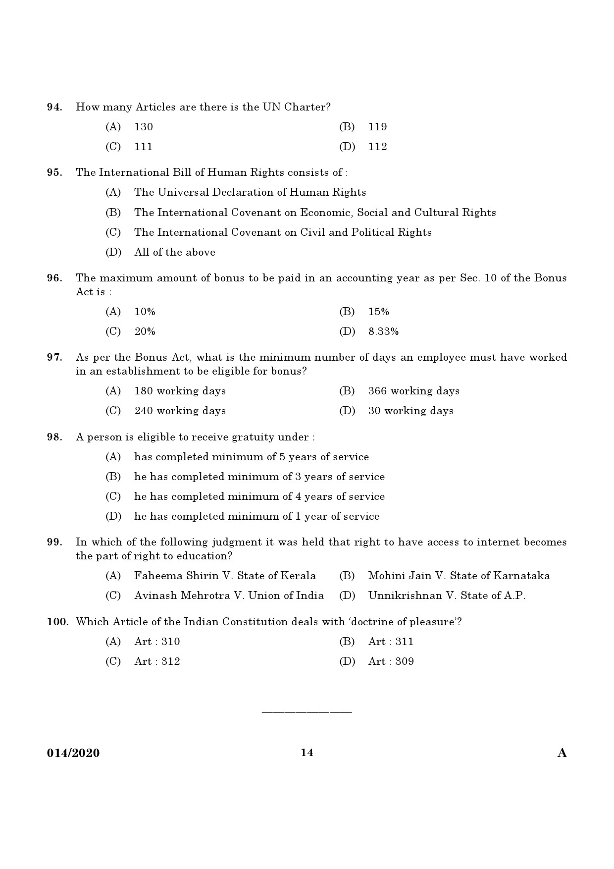 KPSC Assistant Labour Officer Grade II Exam 2020 Code 0142020 12