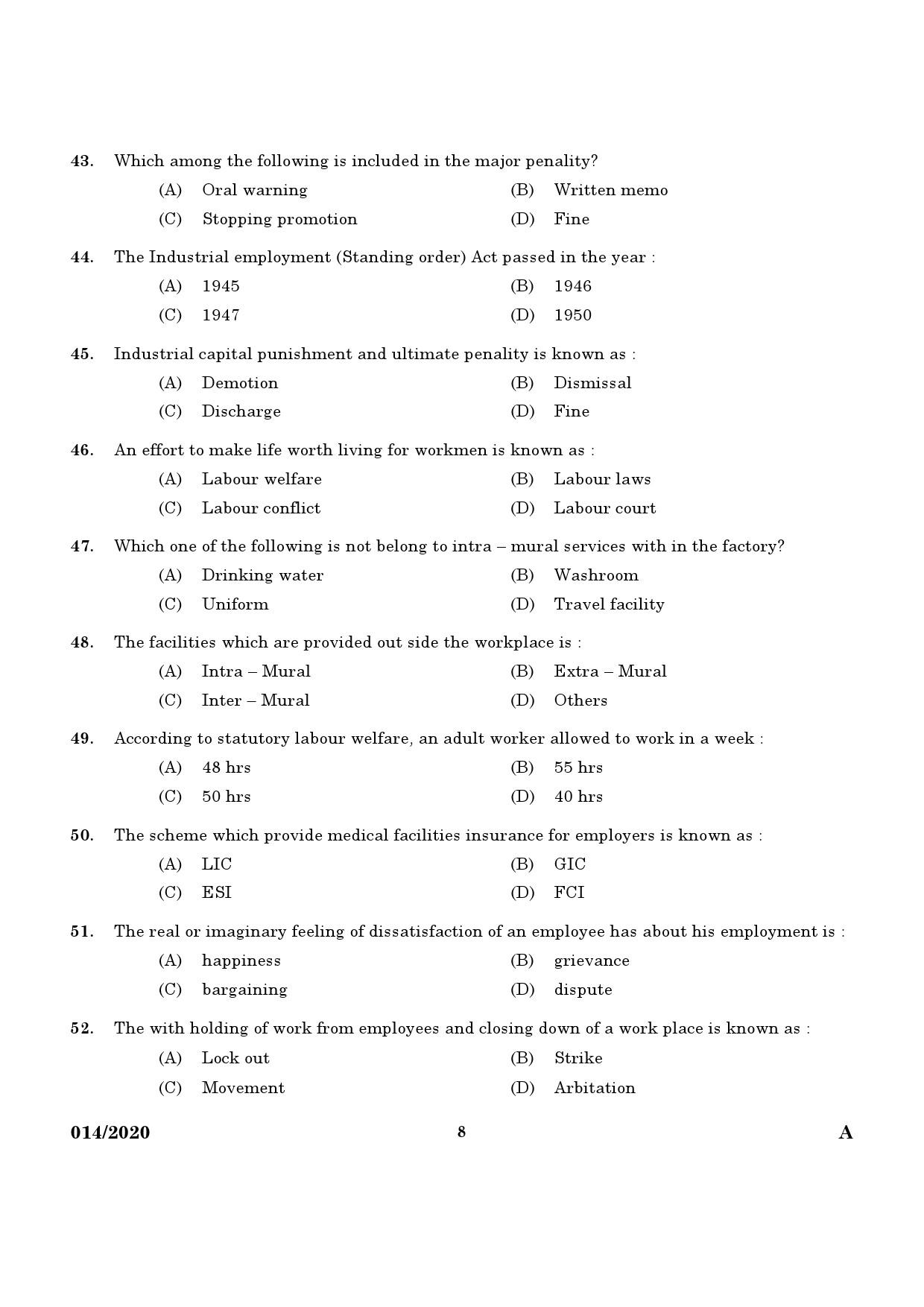 KPSC Assistant Labour Officer Grade II Exam 2020 Code 0142020 6