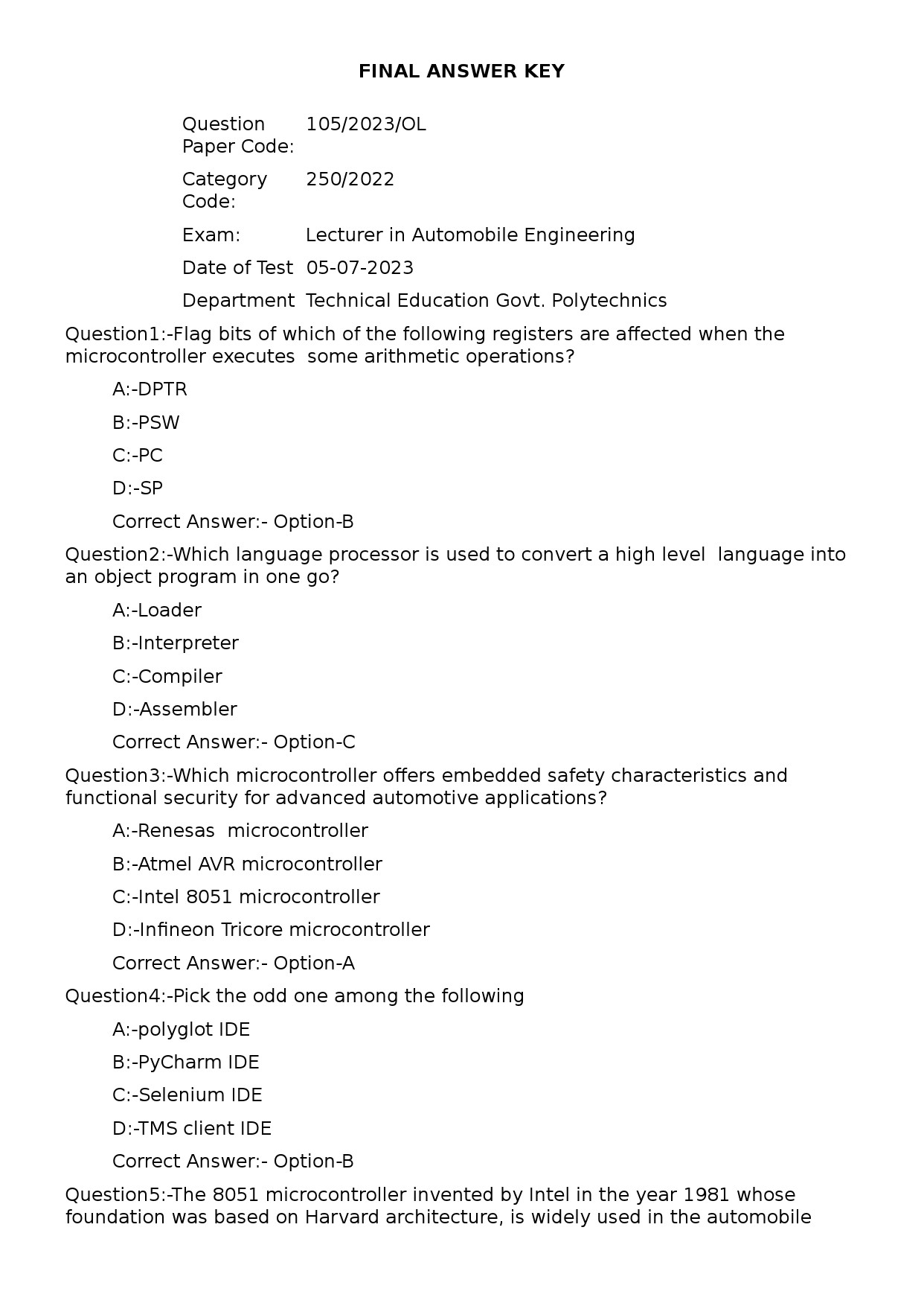 KPSC Lecturer in Automobile Engineering Exam 2023 Code 1052023OL 1