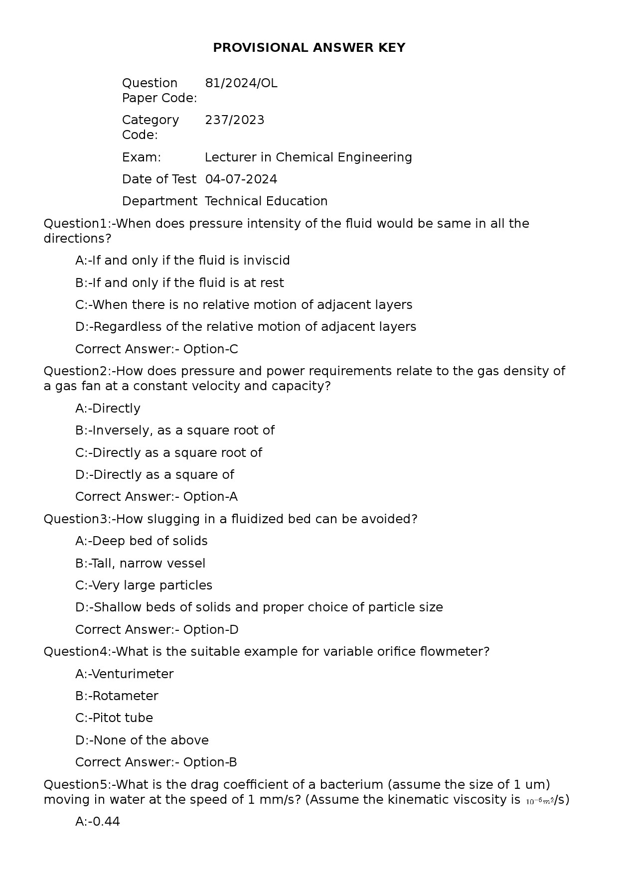 KPSC Lecturer in Chemical Engineering Exam 2024 Code 812024OL 1