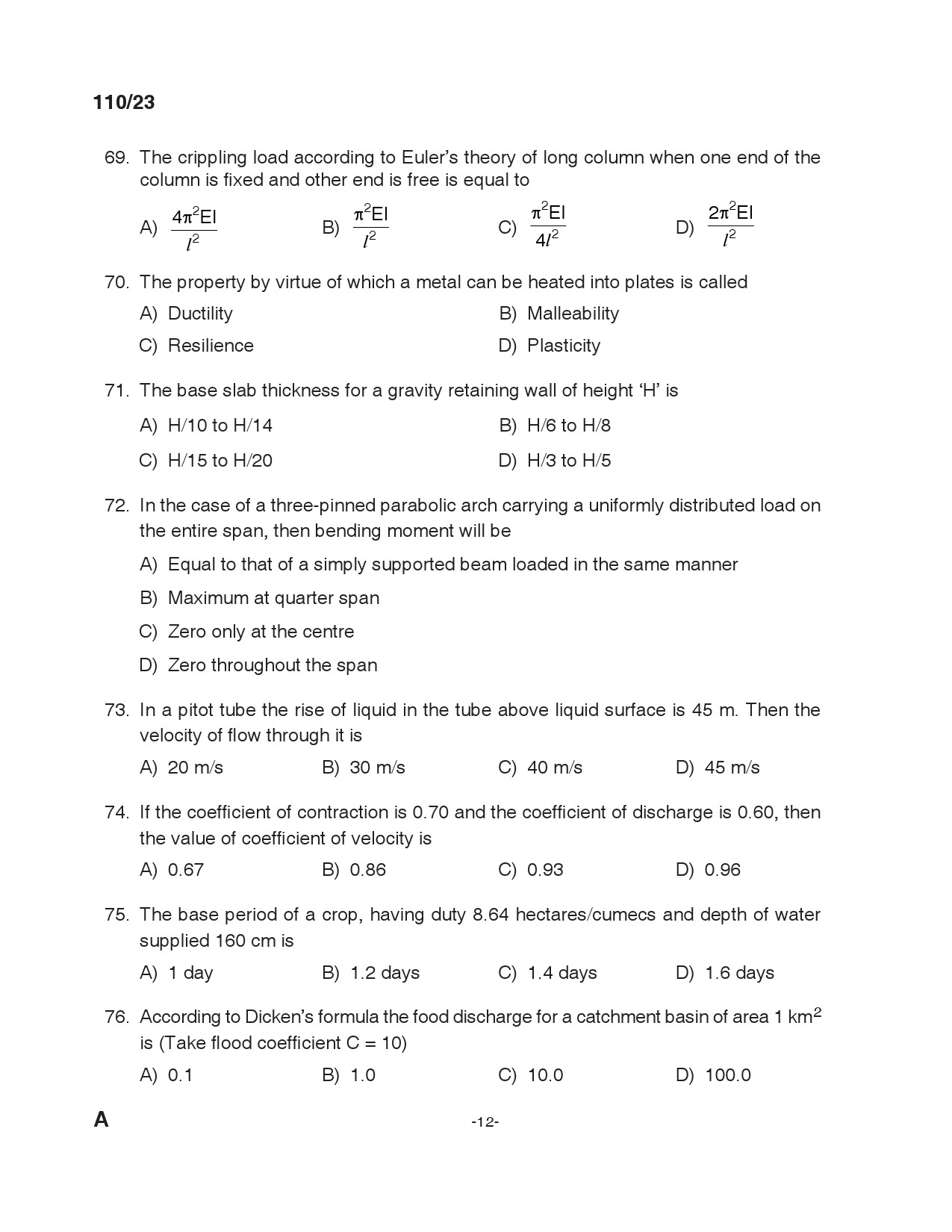 KPSC Lecturer in Civil Engineering Exam 2023 Code 1102023 11