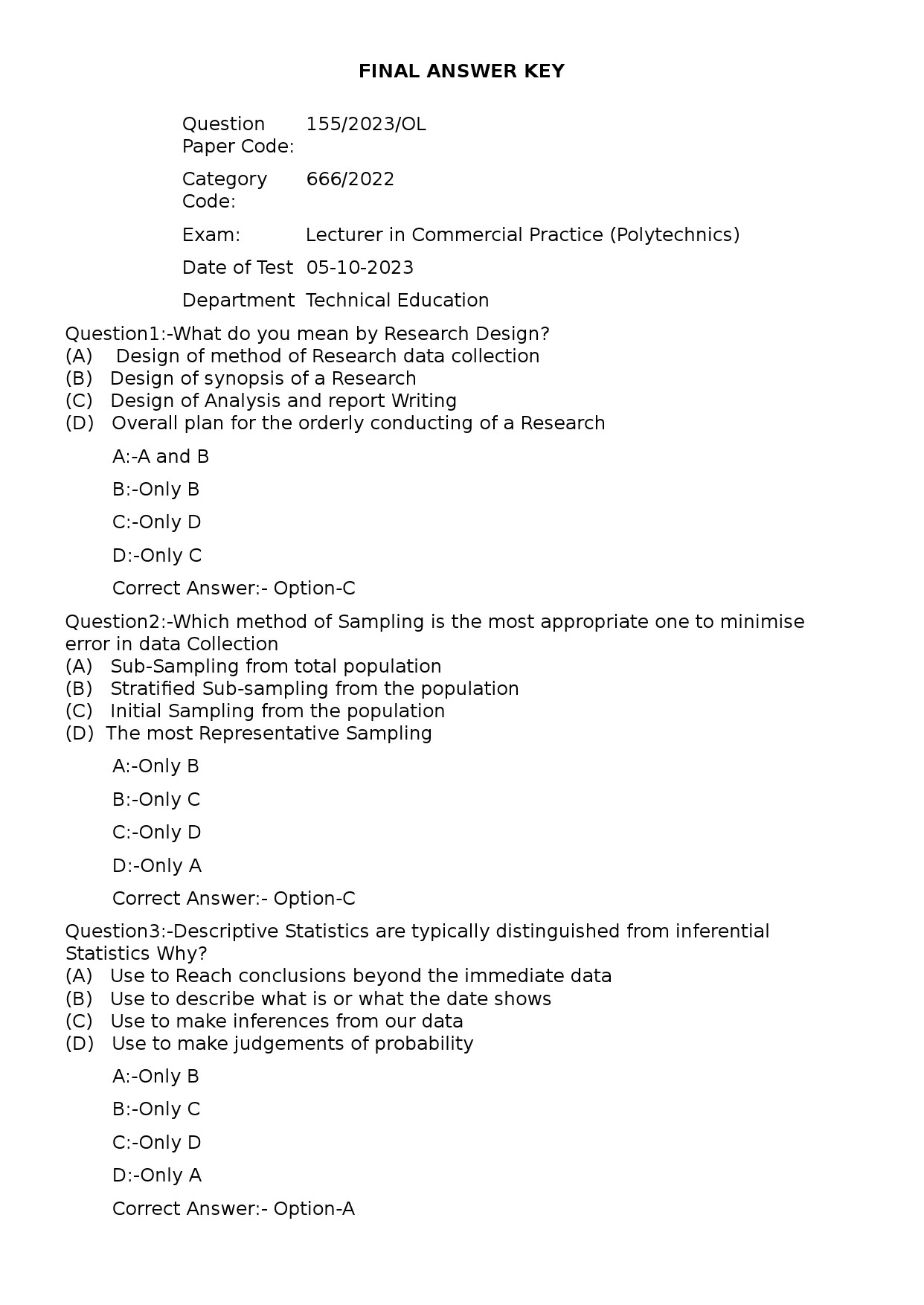 KPSC Lecturer in Commercial Practice Polytechnics Exam 2023 Code 1552023OL 1