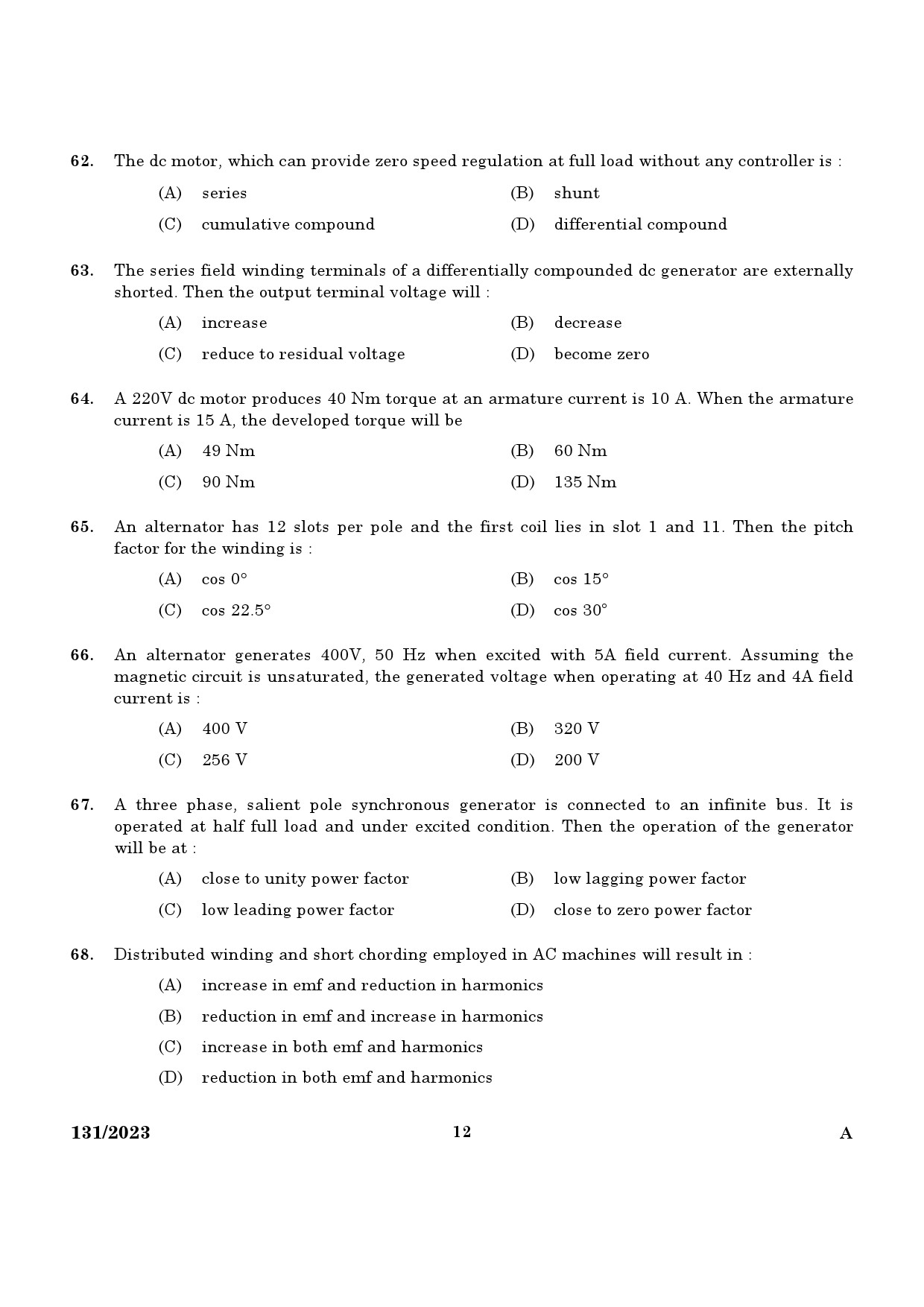 KPSC Lecturer in Electrical and Electronics Engineering Exam 2023 Code 1312023 10