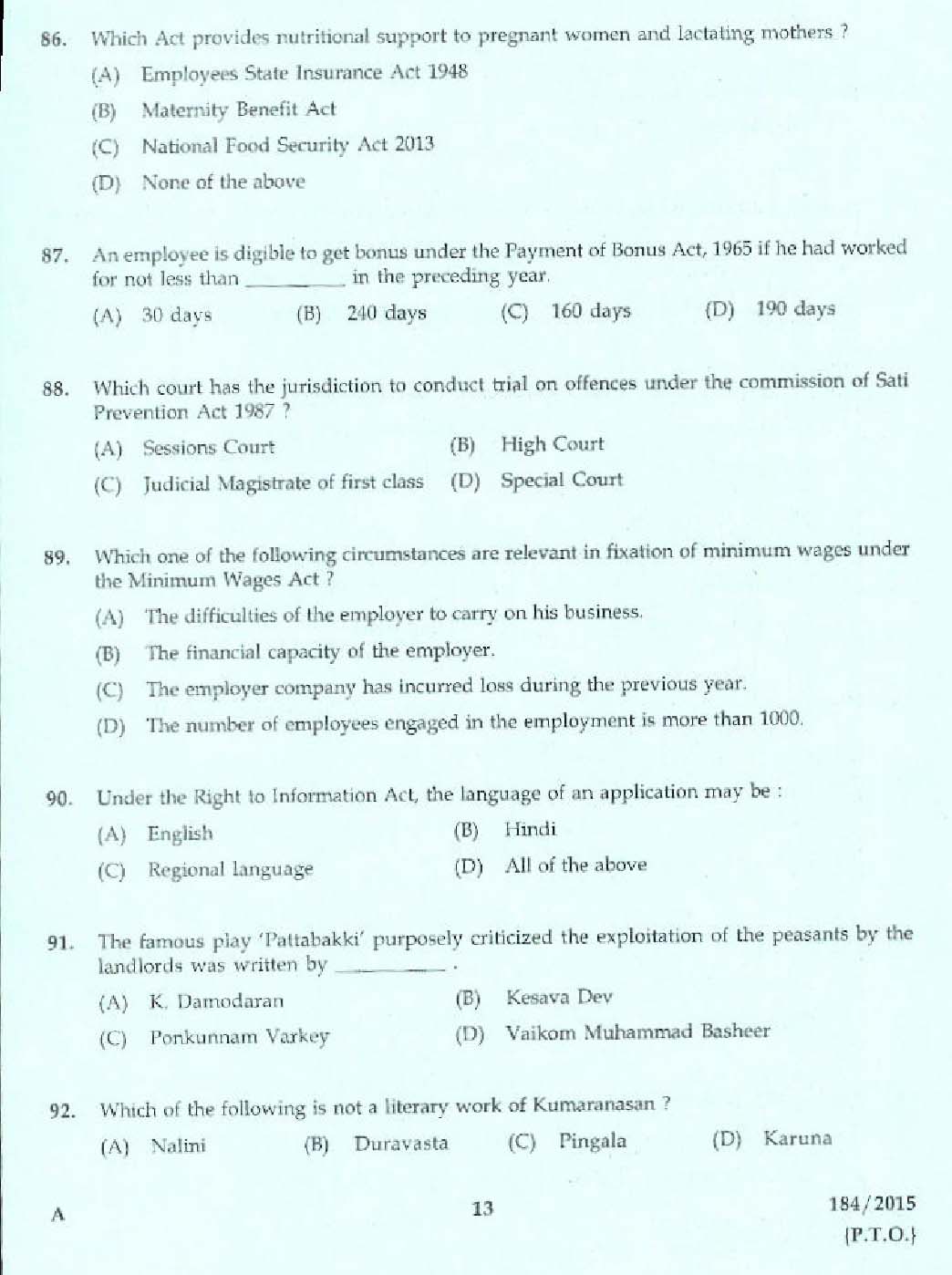 KPSC Lecturer in Hindi Exam 2015 Code 1842015 9