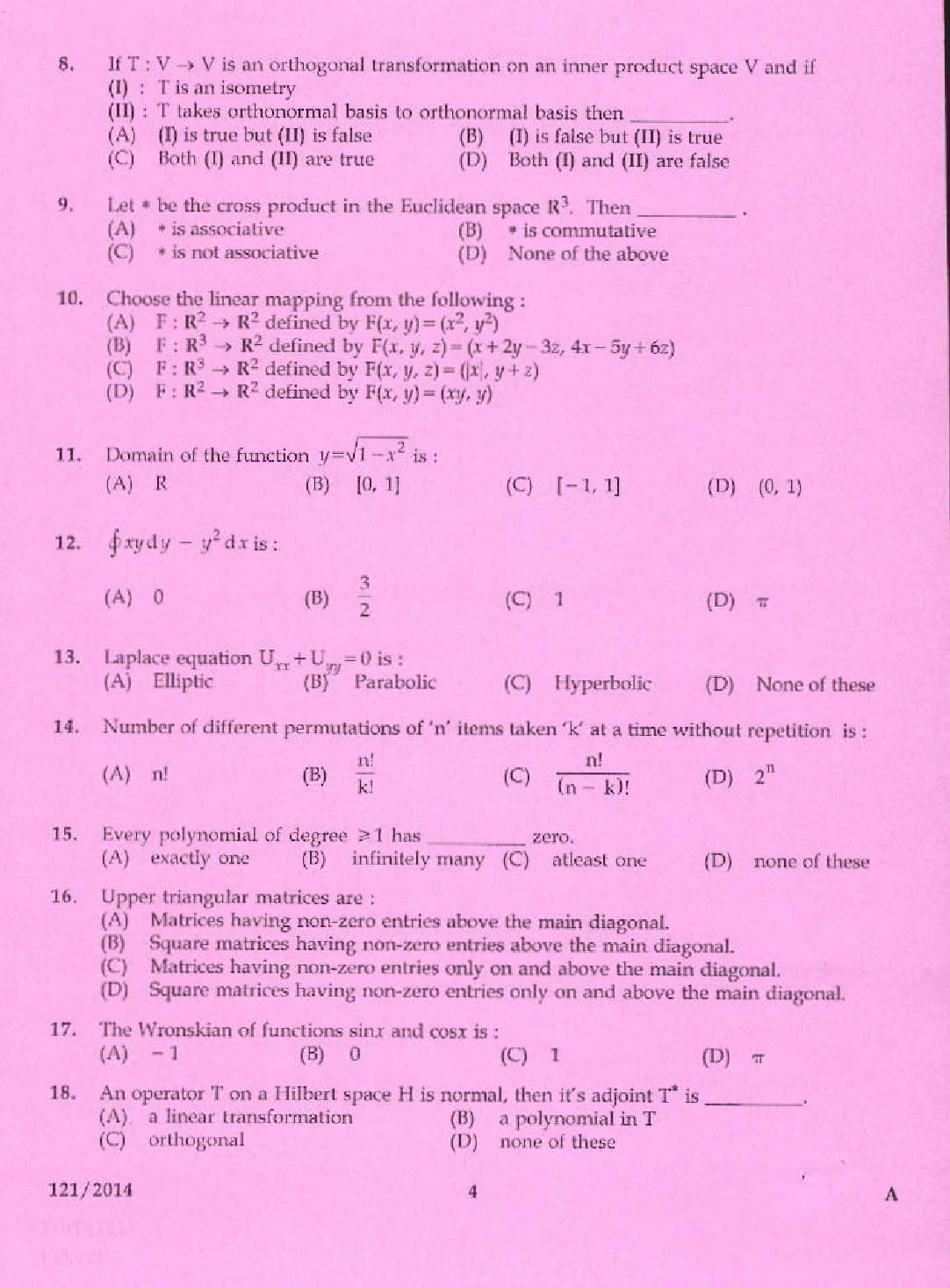 KPSC Lecturer in Mathematics Exam 2014 Code 1212014 2