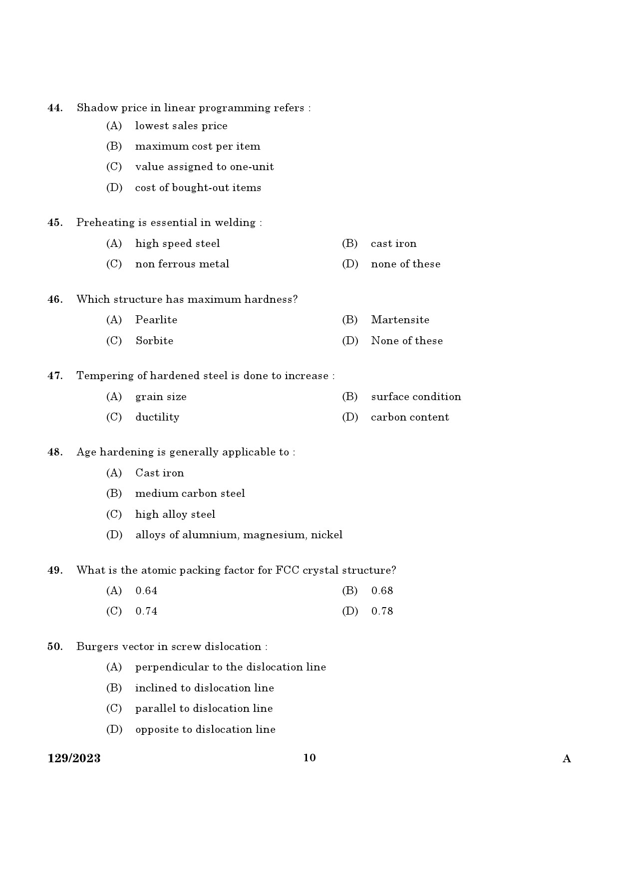 KPSC Lecturer in Mechanical Engineering Exam 2023 Code 1292023 8