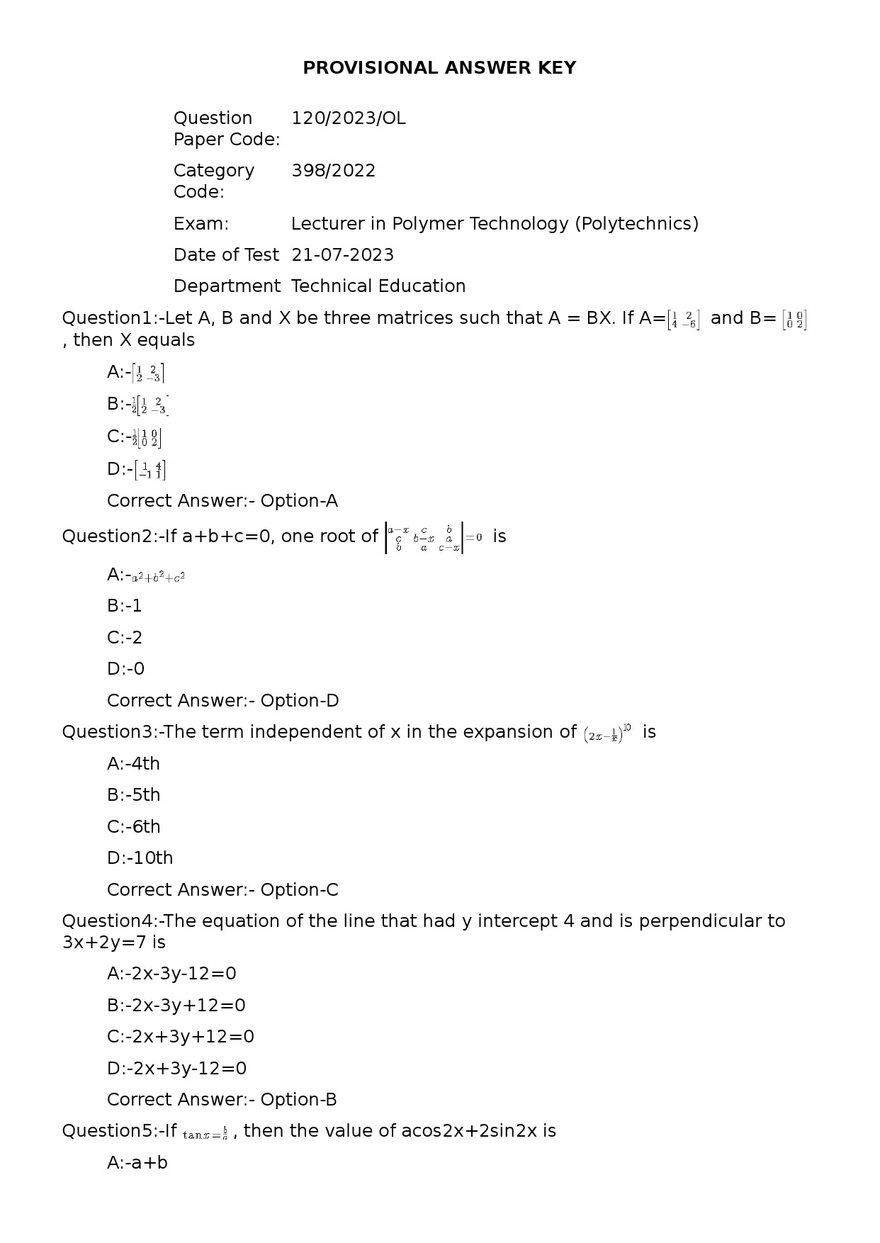 KPSC Lecturer in Polymer Technology Exam 2023 Code 1202023OL 1