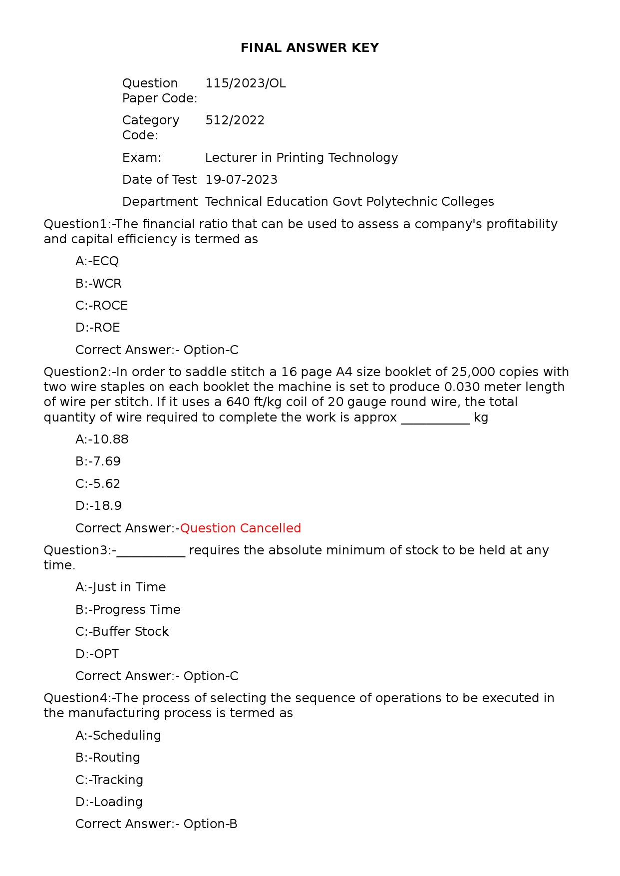 KPSC Lecturer in Printing Technology Exam 2023 Code 1152023OL 1