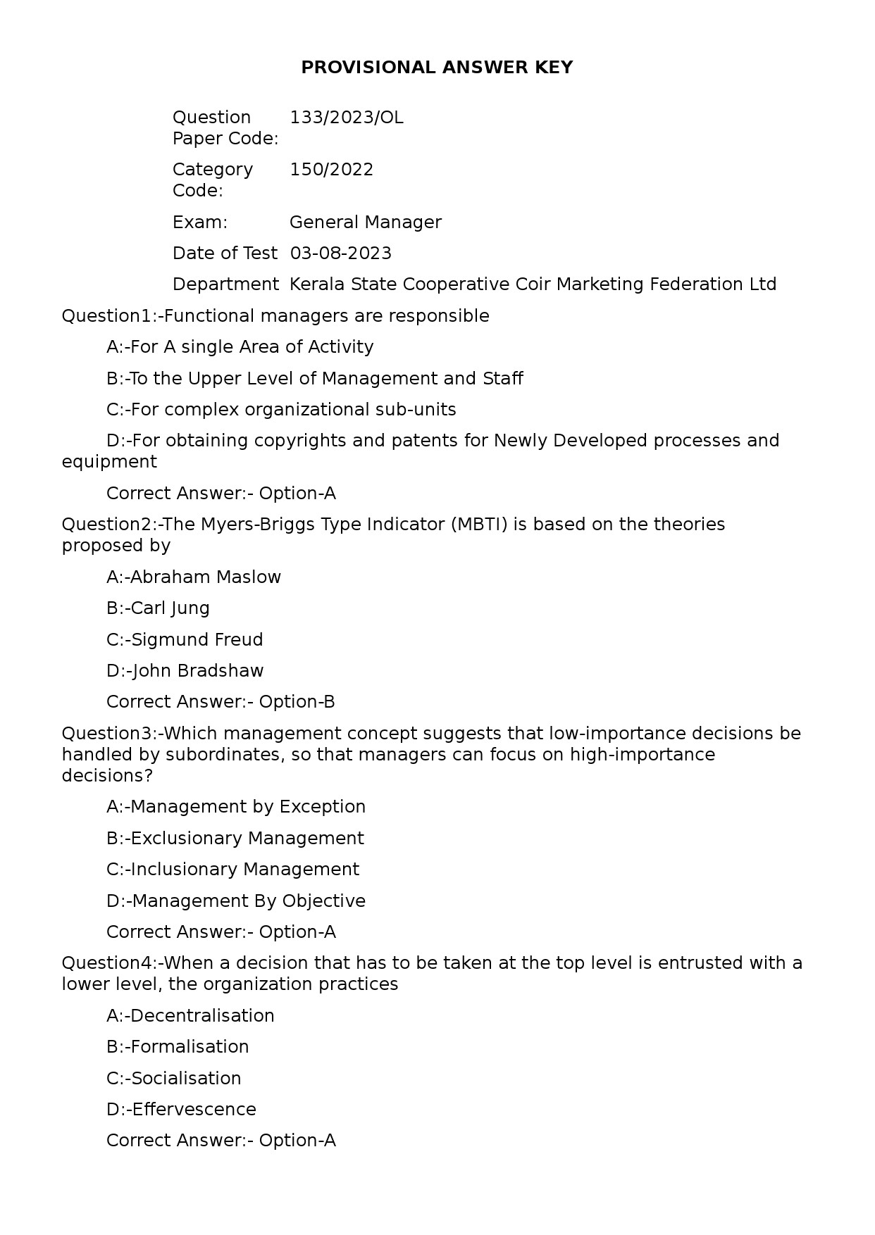 KPSC General Manager Exam 2023 Code 1332023OL 1