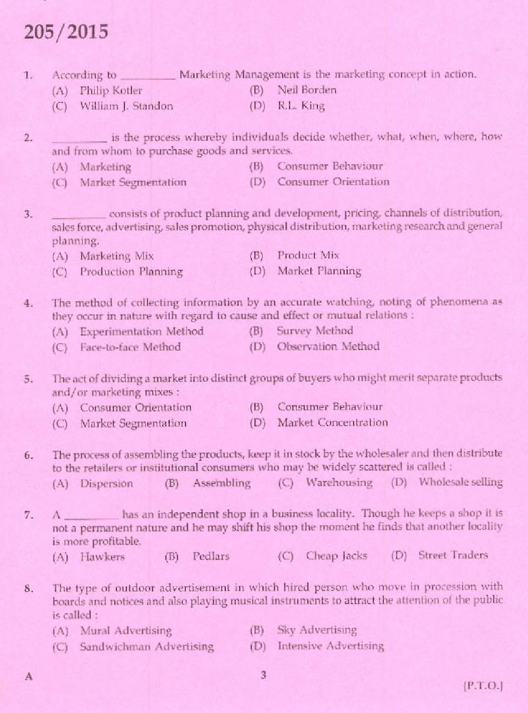 KPSC Marketing Organizer Exam 2015 Code 2052015 1