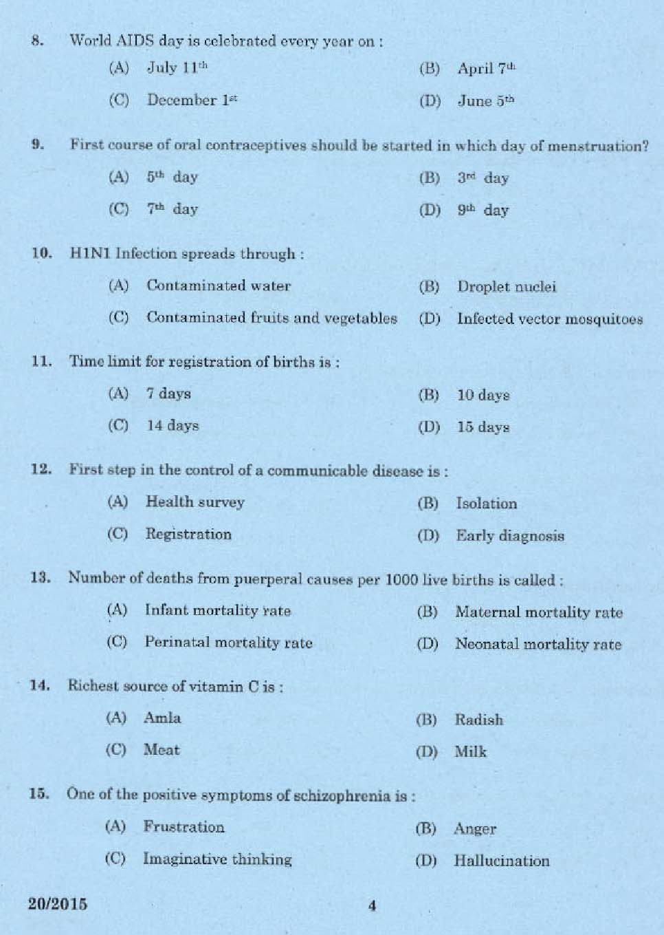 KPSC Junior Public Health Nurse Grade II Exam 2015 Code 202015 2
