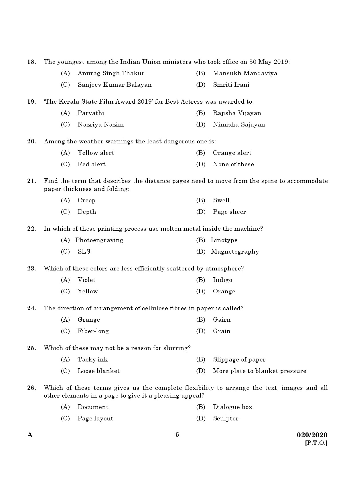 KPSC Offset Machine Operator Grade II Exam 2020 Code 0202020 3