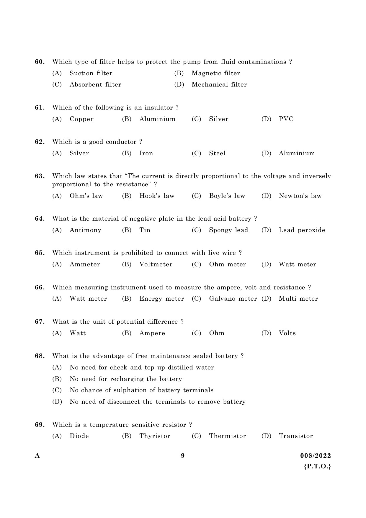 KPSC Operator in Kerala Water Authority Exam 2022 Code 0082022 8