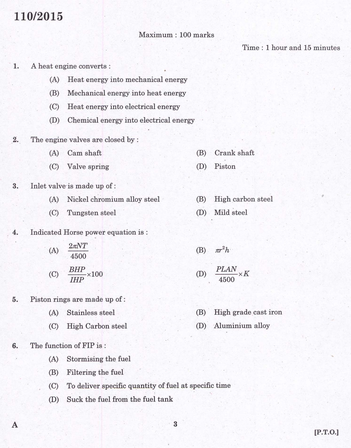 KPSC Pump Operator Ground Water Exam 2015 Code 1102015 1