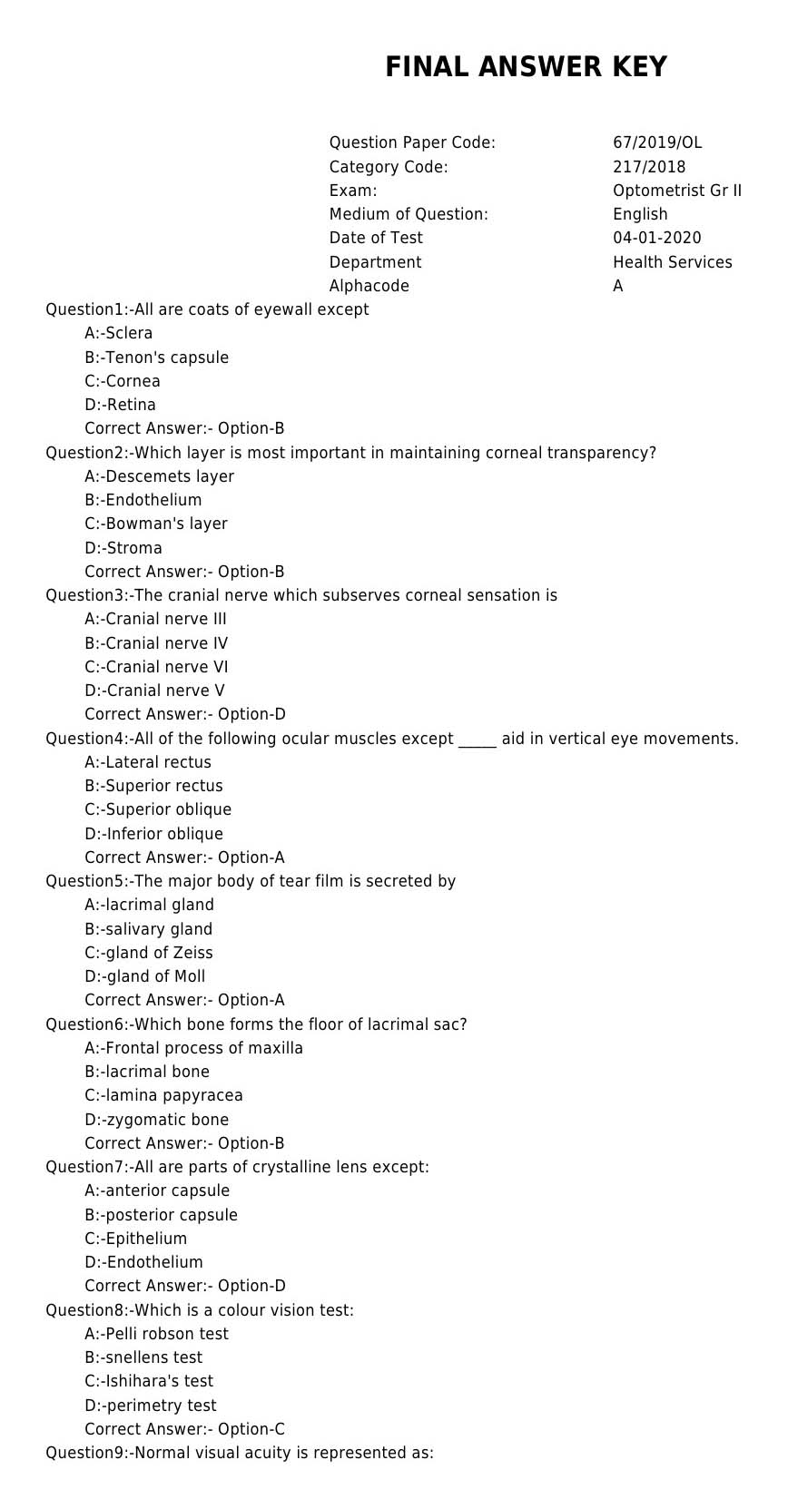 KPSC Optometrist Grade II Exam 2019 Code 672019OL 1